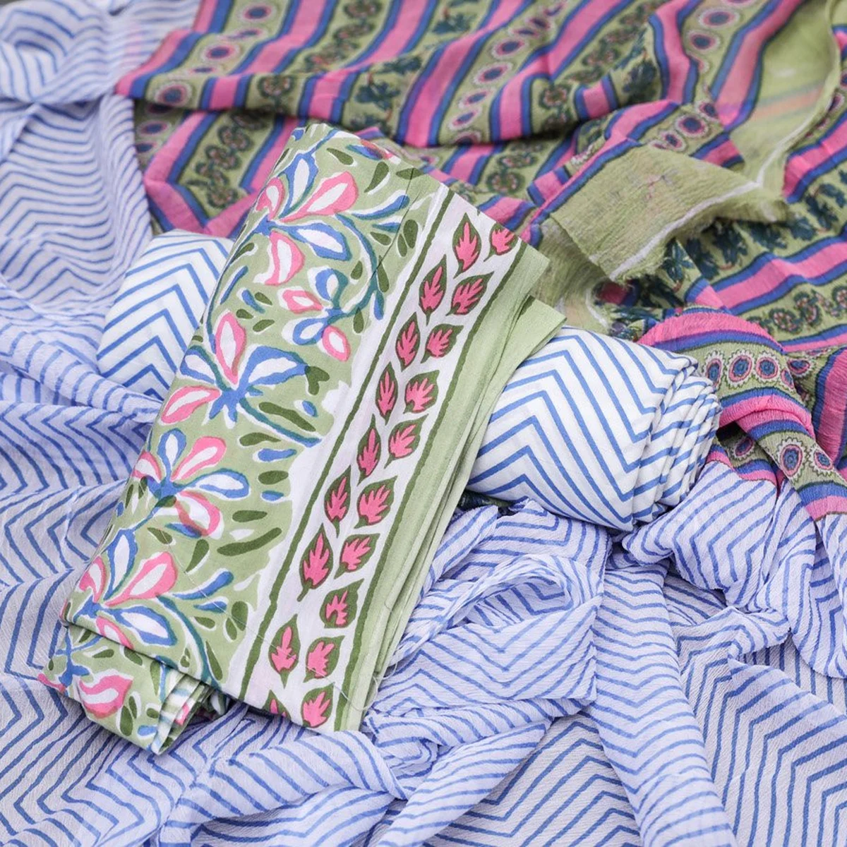 Light Green Jaal Block Print Cotton Salwar Suit Material