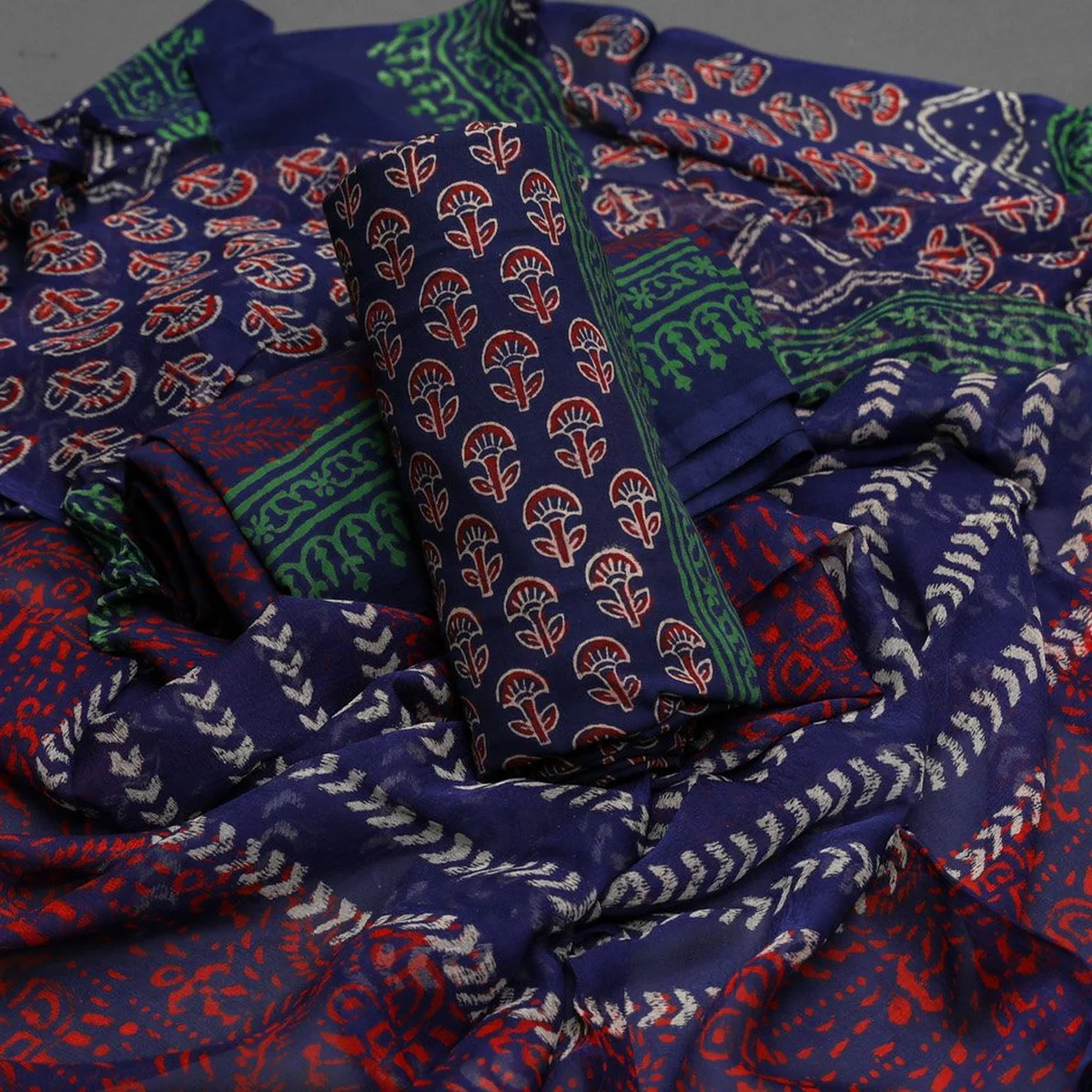 Blue Napthol Block Butti Print Cotton Suit Set Material