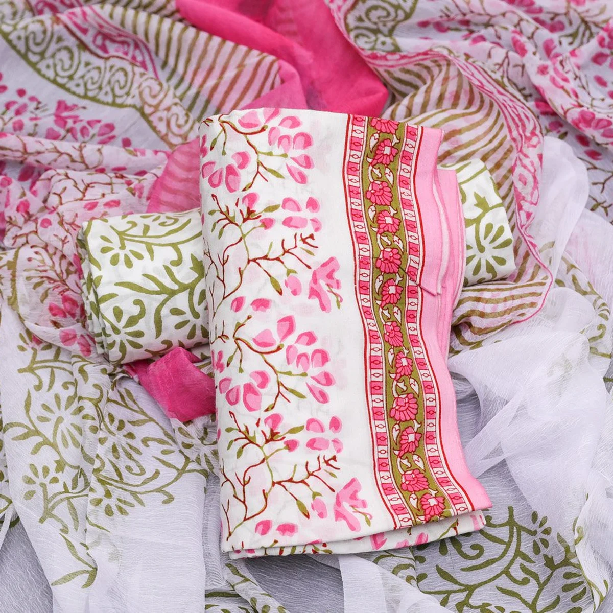 White & Pink Jaal Block Print Cotton Salwar Suit Material