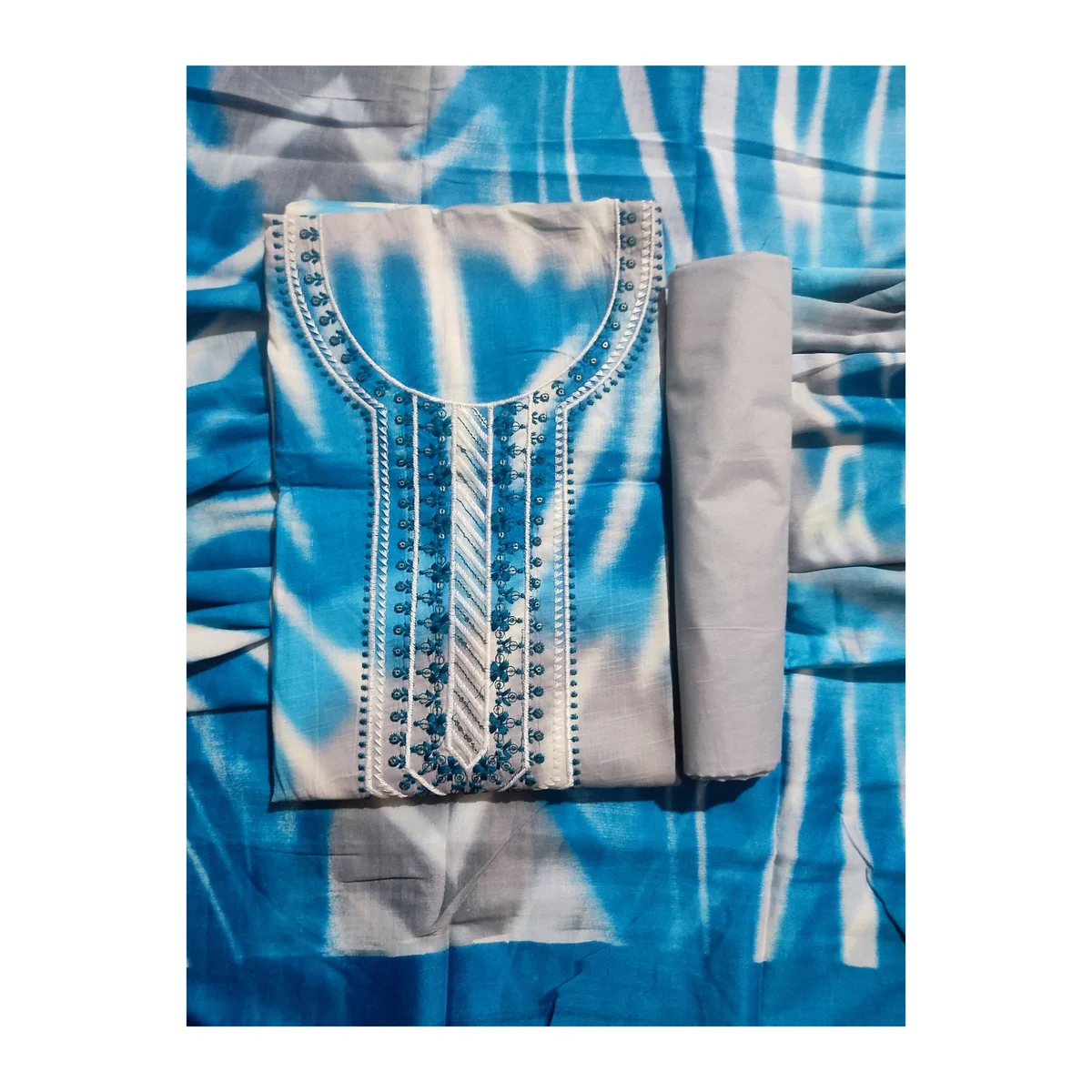 Mustard & White Shibori Tie-Dye Cotton Suit Set thumbnail 2