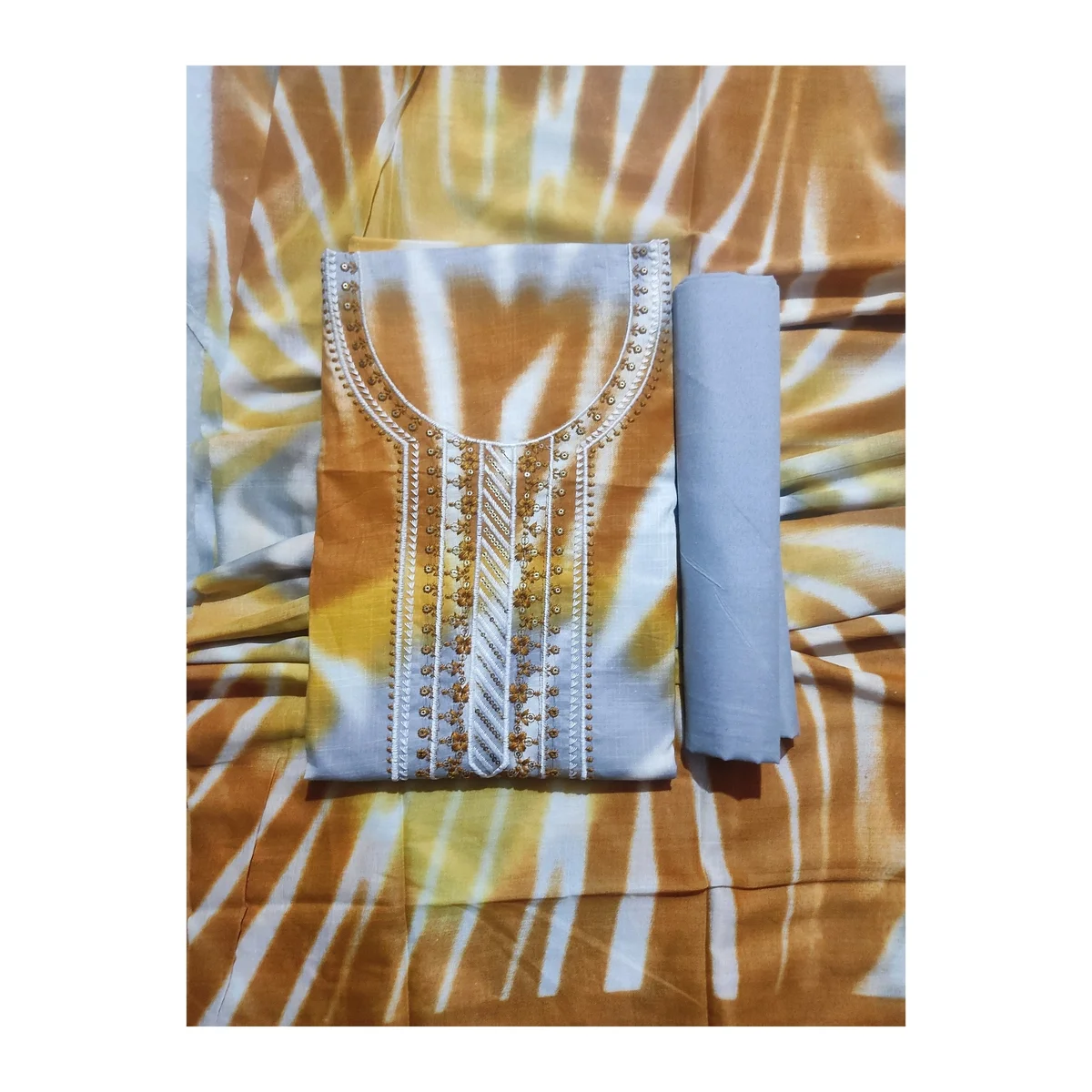 Mustard & White Shibori Tie-Dye Cotton Suit Set thumbnail 4