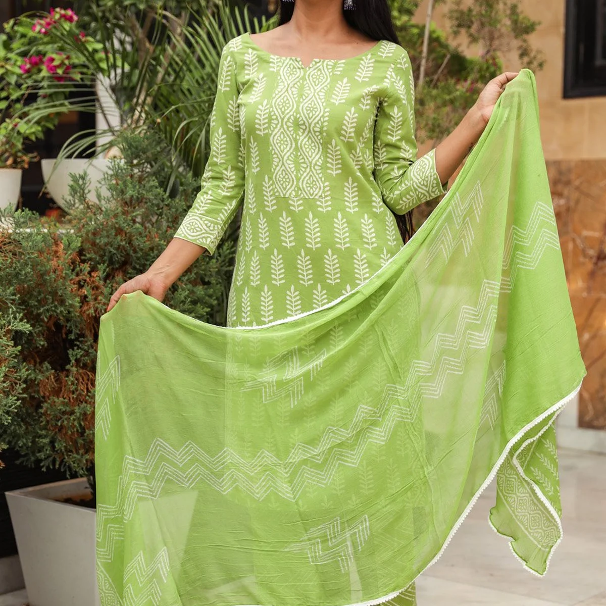 Green Discharge Tree Butti Print Cotton Suit Set - Image 1