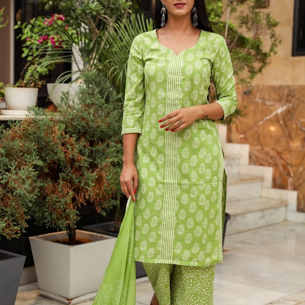 Green Discharge Butti Print Cotton Suit Set - Image 1