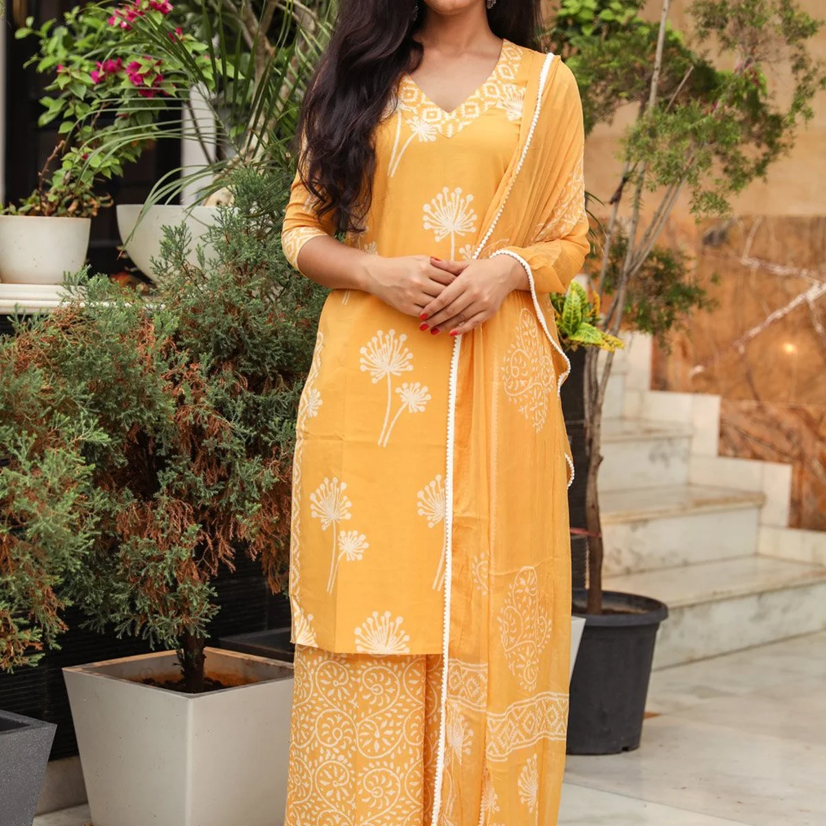 Mustard Discharge Butta Print Cotton Suit Set thumbnail 2