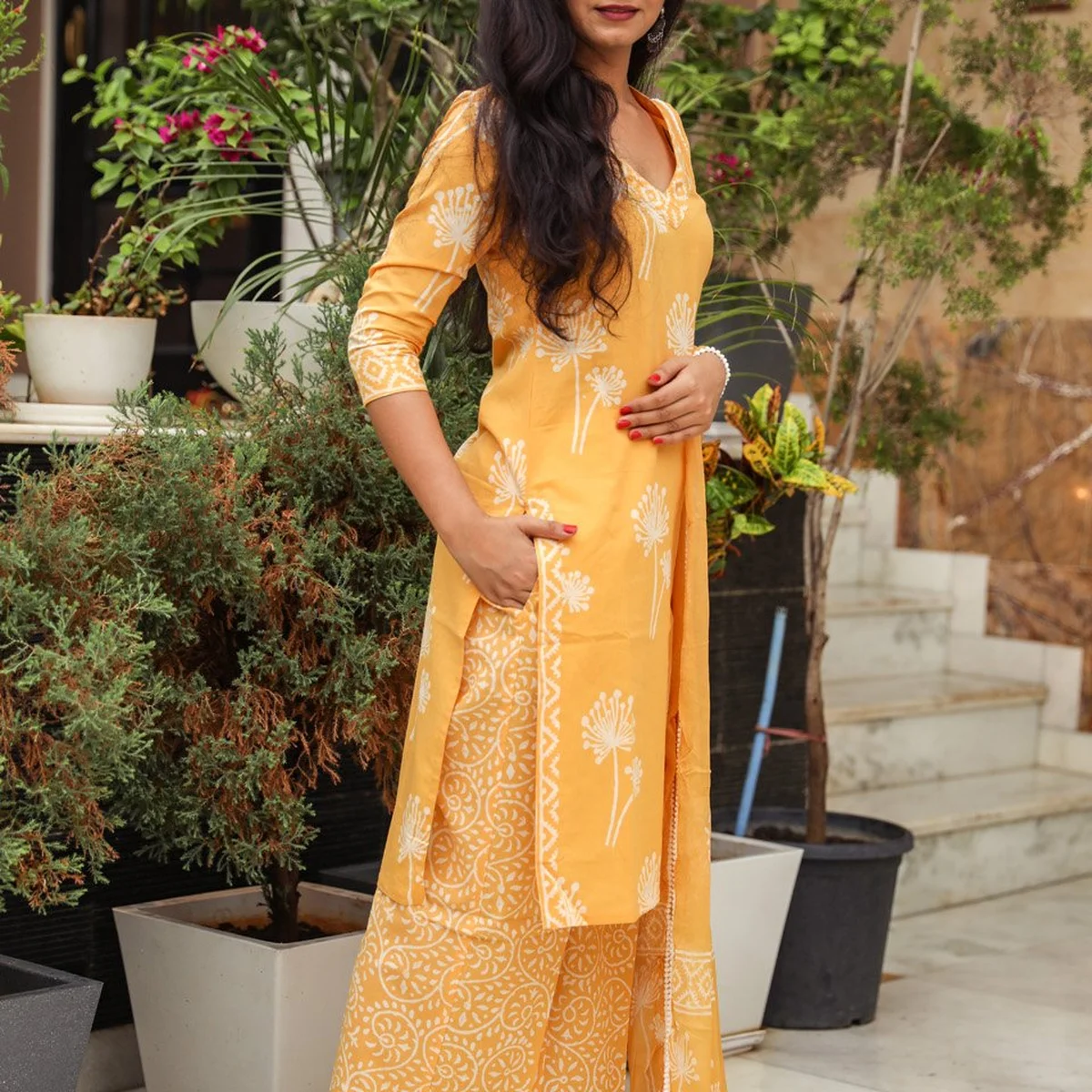 Mustard Discharge Butta Print Cotton Suit Set thumbnail 3