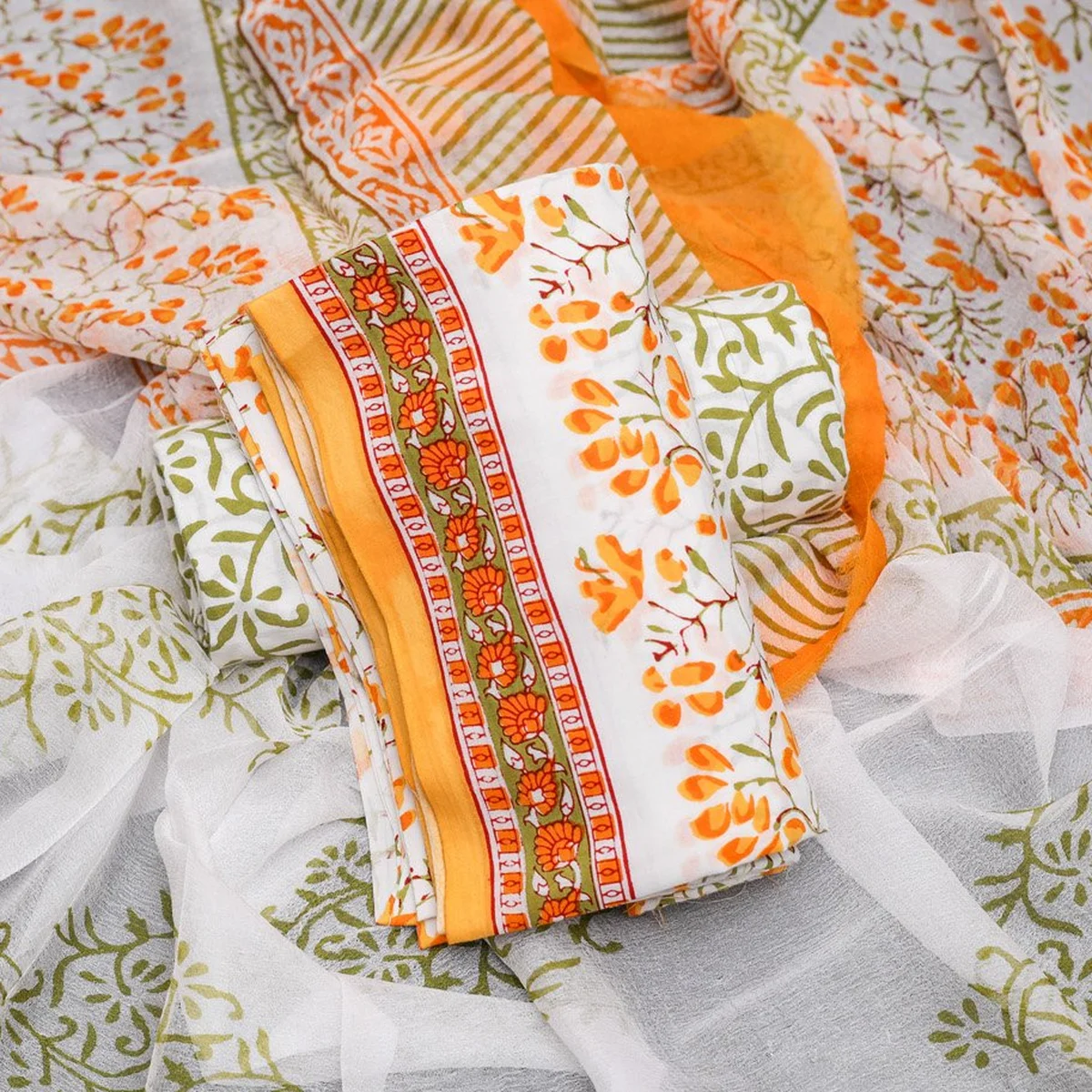 White & Yellow Jaal Block Print Cotton Suit Set Material - Image 1