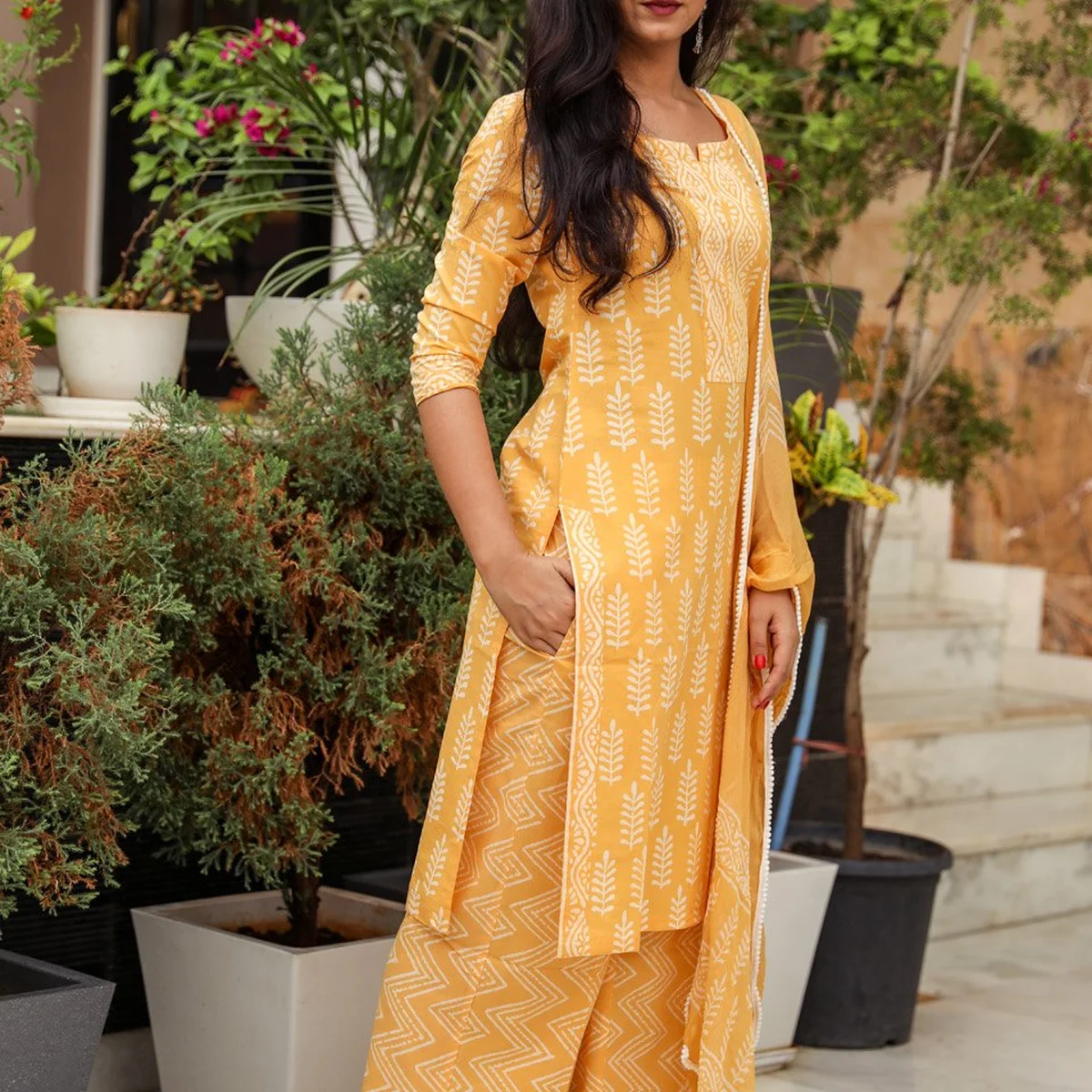 Mustard Discharge Tree Butti Print Cotton Suit Set thumbnail 2