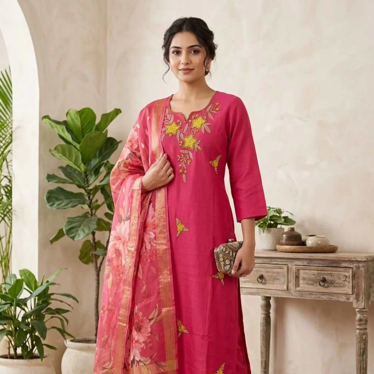 Rani Blossom Cotton Suit Set with Silk Duppata - Image 1