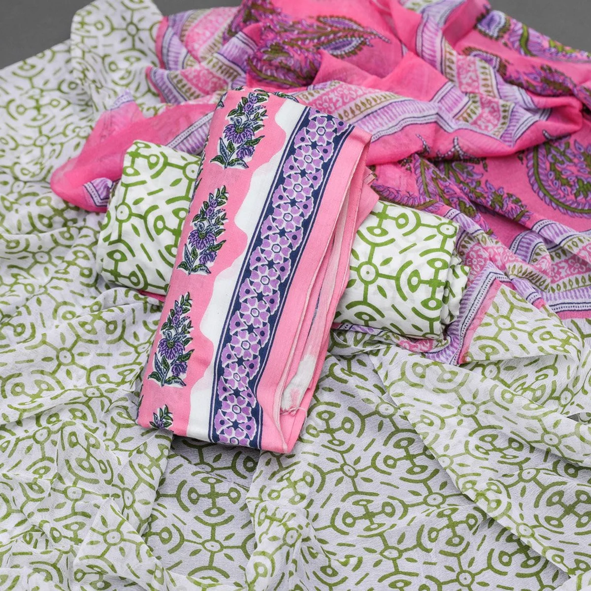 Pink Block Butti Print Cotton Salwar Suit Set Material - Image 1