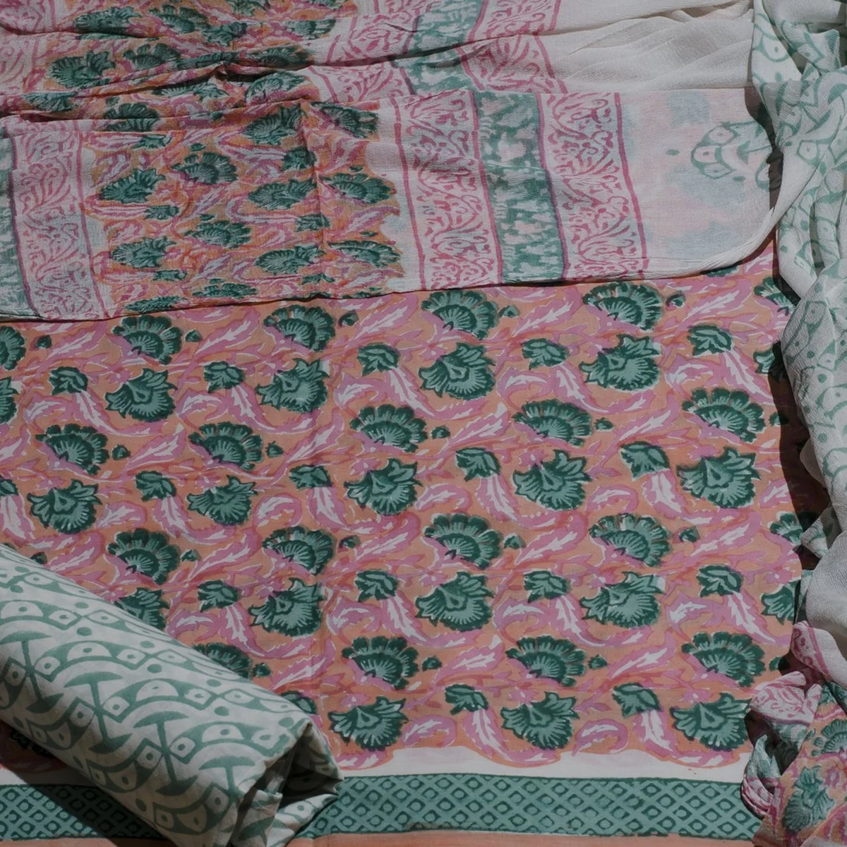 Coral Jaal Block Print Cotton Salwar Suit Set Material - Image 1