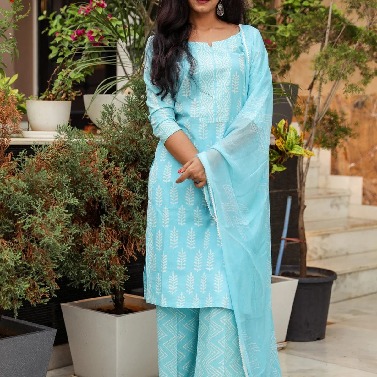 Turquoise Discharge Tree Butti Print Cotton Suit Set - Image 1