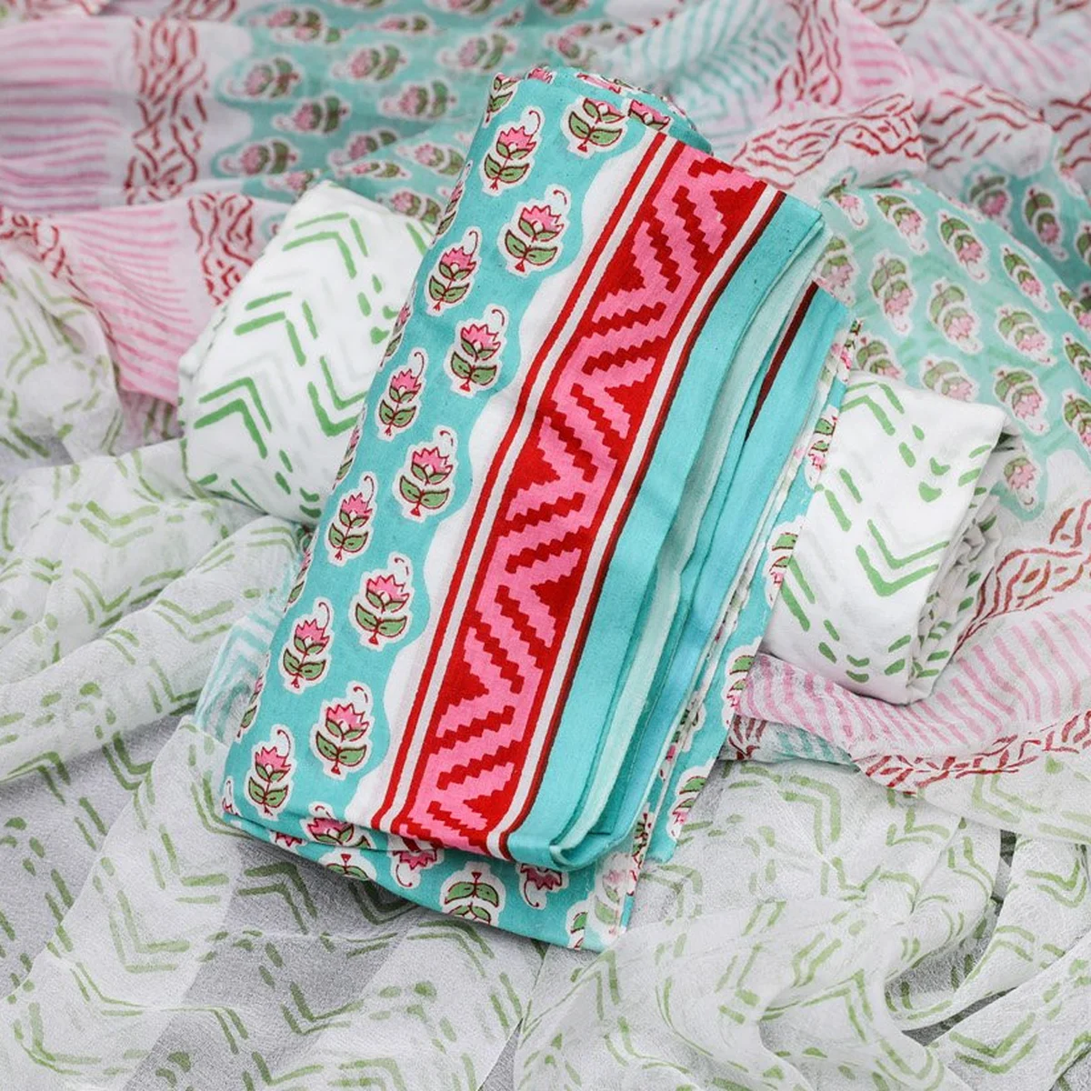 Turquoise Block Butti Print Cotton Salwar Suit Material - Image 1