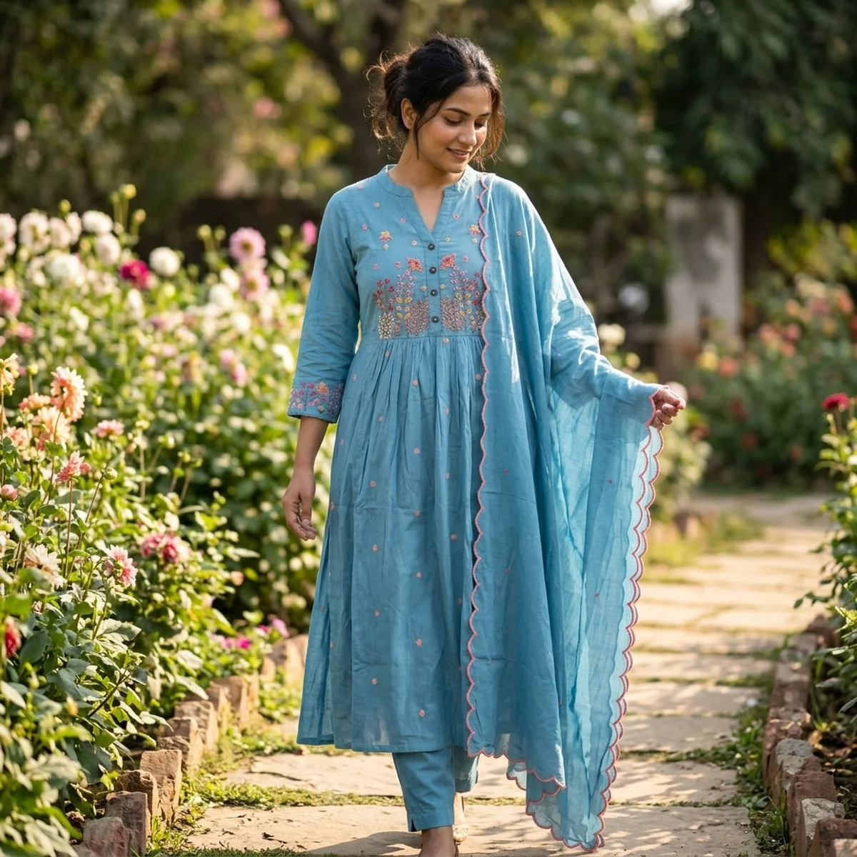 Floral emb blue pure cotton suit set - Image 1