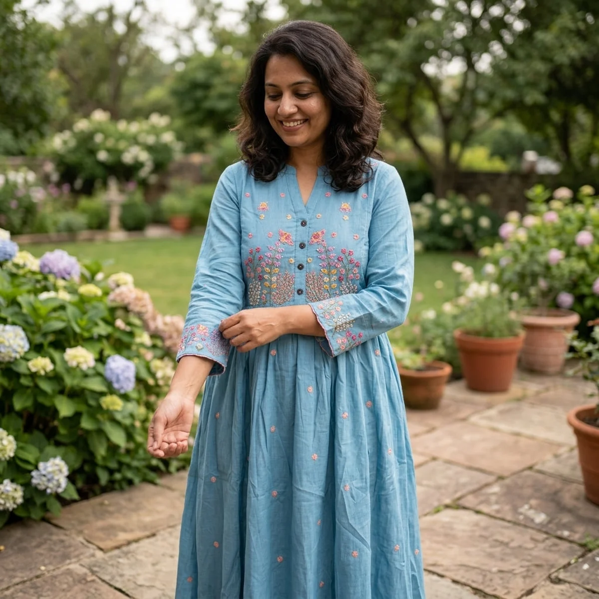 Floral emb blue pure cotton suit set thumbnail 2