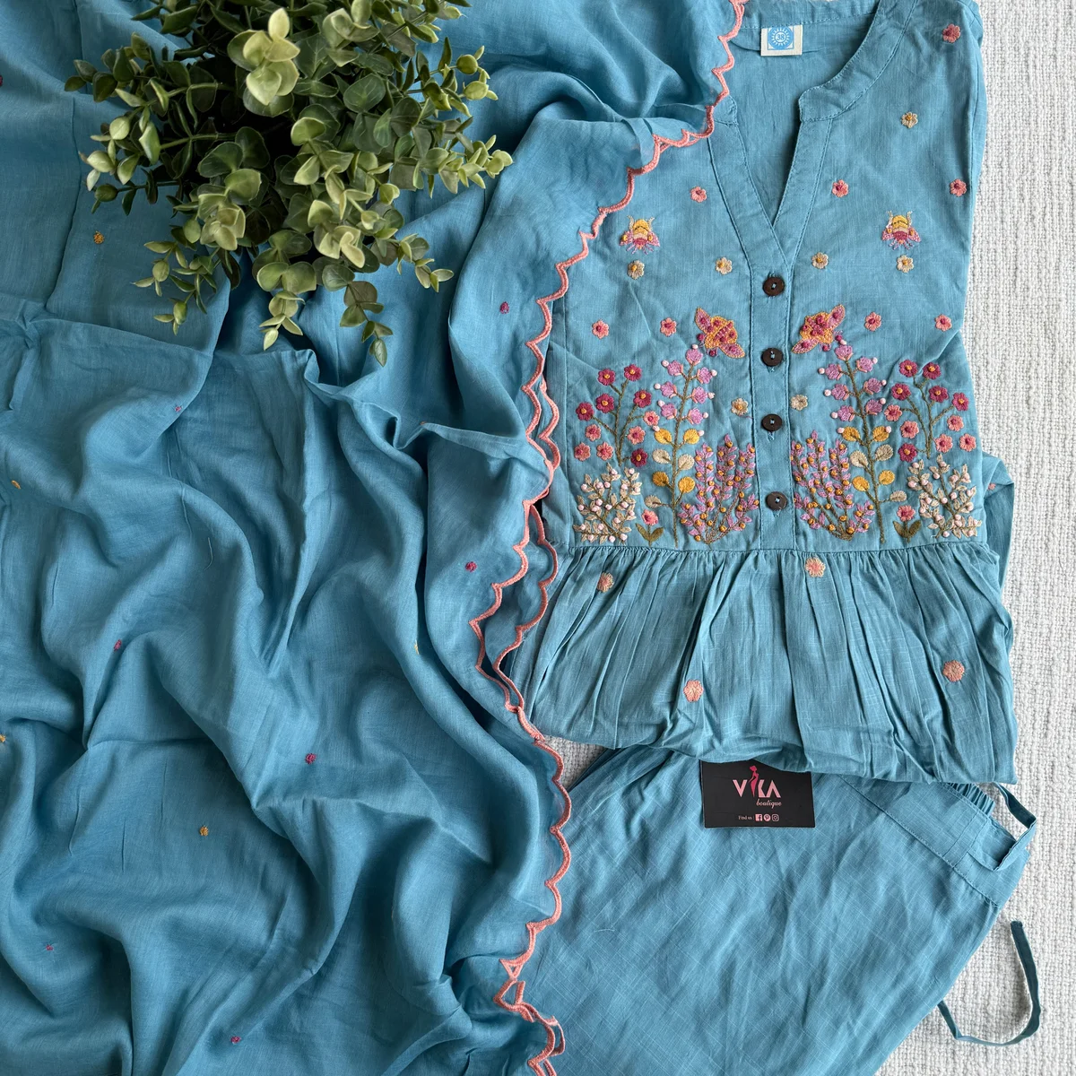 Floral emb blue pure cotton suit set thumbnail 3