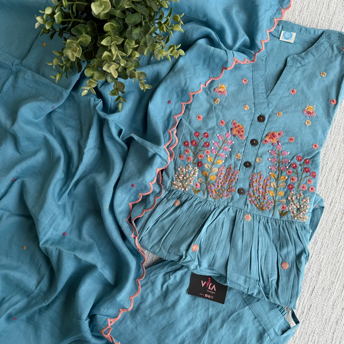 Floral emb blue pure cotton suit set thumbnail 4