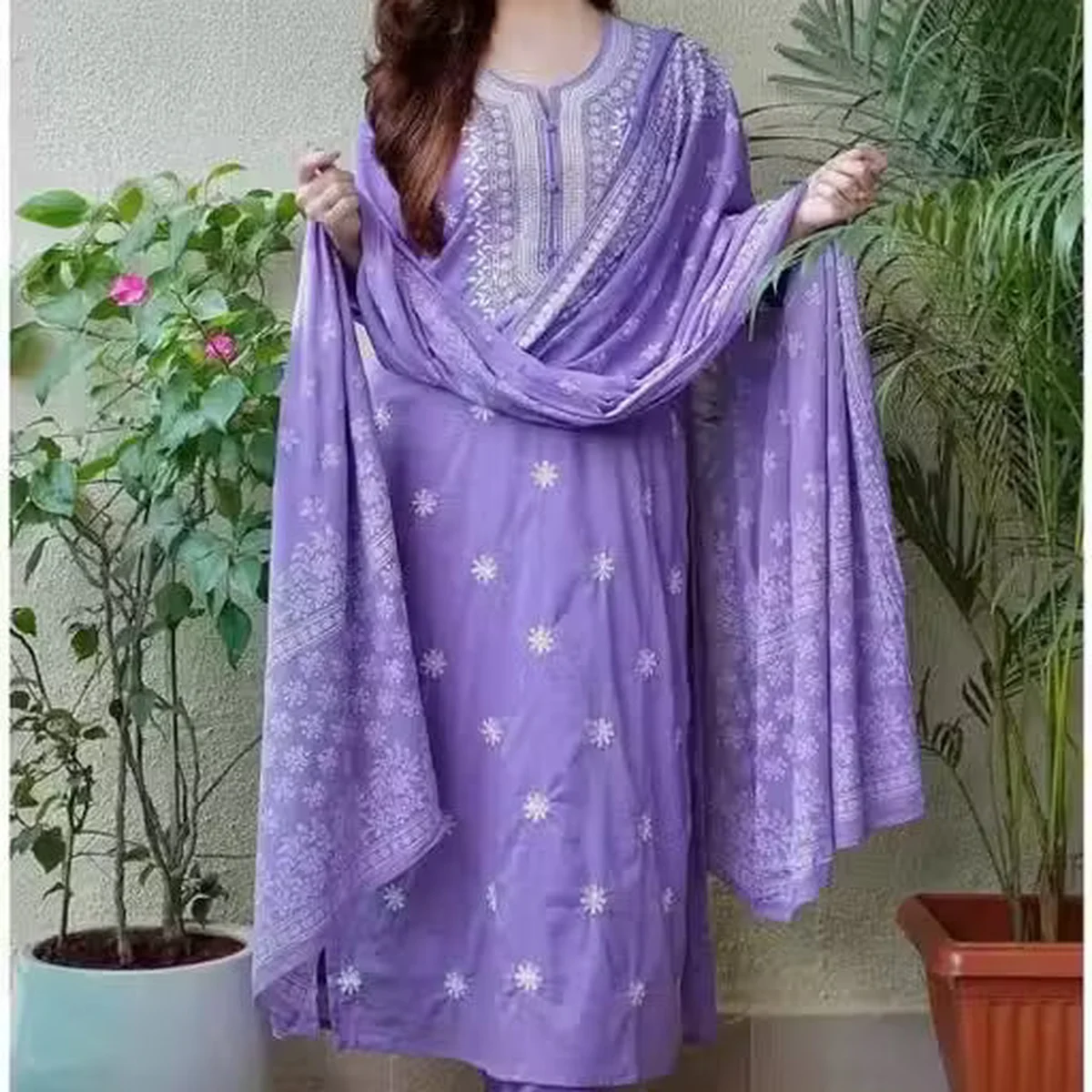A Trending Women's Lavender Embroidered Cotton Kurta Set with Dupatta, Pastel Purple Straight Fit Kurti Pant Set with Heavy Embroidered Dupatta, Elegant Mauve Chikankari Style Cotton Salwar Suit Set for Women (Pack of 3) - Image 1