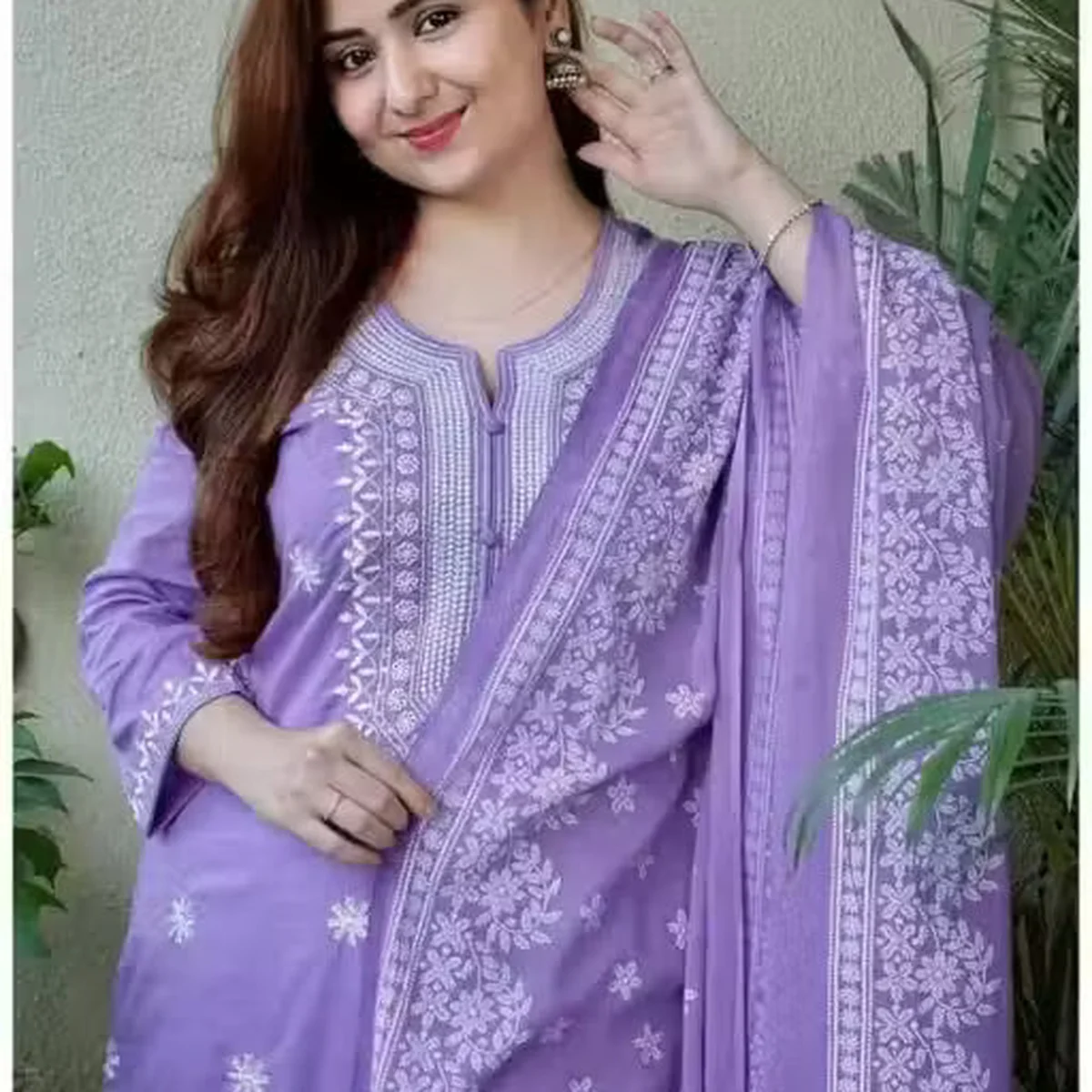 A Trending Women's Lavender Embroidered Cotton Kurta Set with Dupatta, Pastel Purple Straight Fit Kurti Pant Set with Heavy Embroidered Dupatta, Elegant Mauve Chikankari Style Cotton Salwar Suit Set for Women (Pack of 3) thumbnail 3