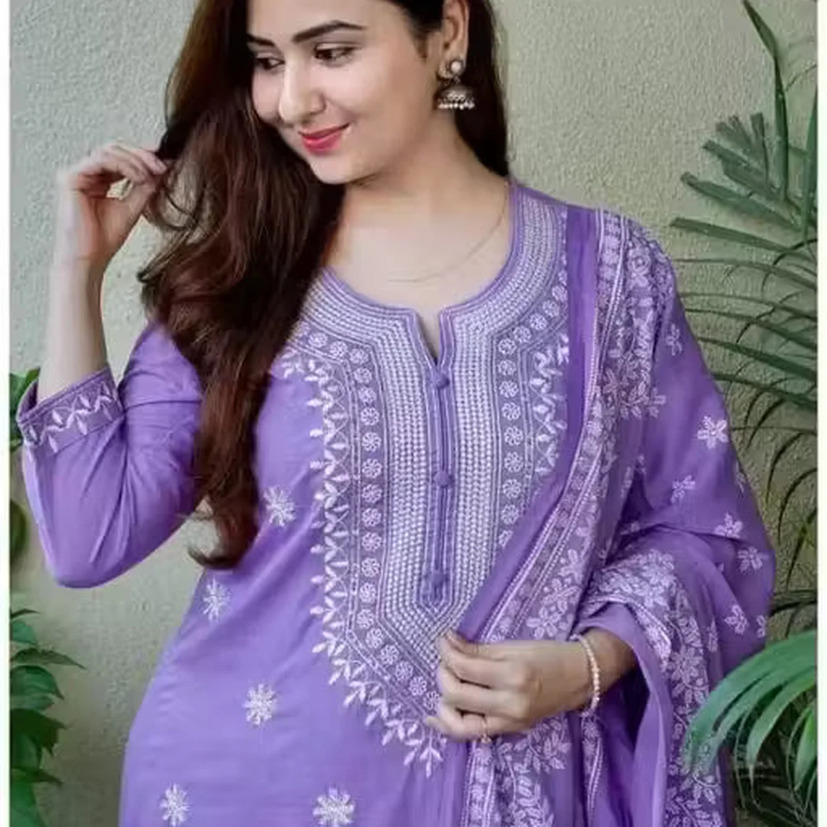 A Trending Women's Lavender Embroidered Cotton Kurta Set with Dupatta, Pastel Purple Straight Fit Kurti Pant Set with Heavy Embroidered Dupatta, Elegant Mauve Chikankari Style Cotton Salwar Suit Set for Women (Pack of 3) thumbnail 4