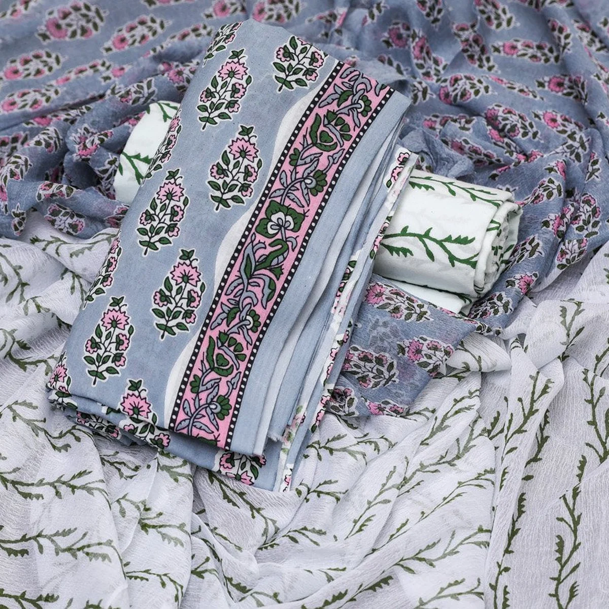 Grey Block Butti Print Cotton Salwar Suit Set Material - Image 1