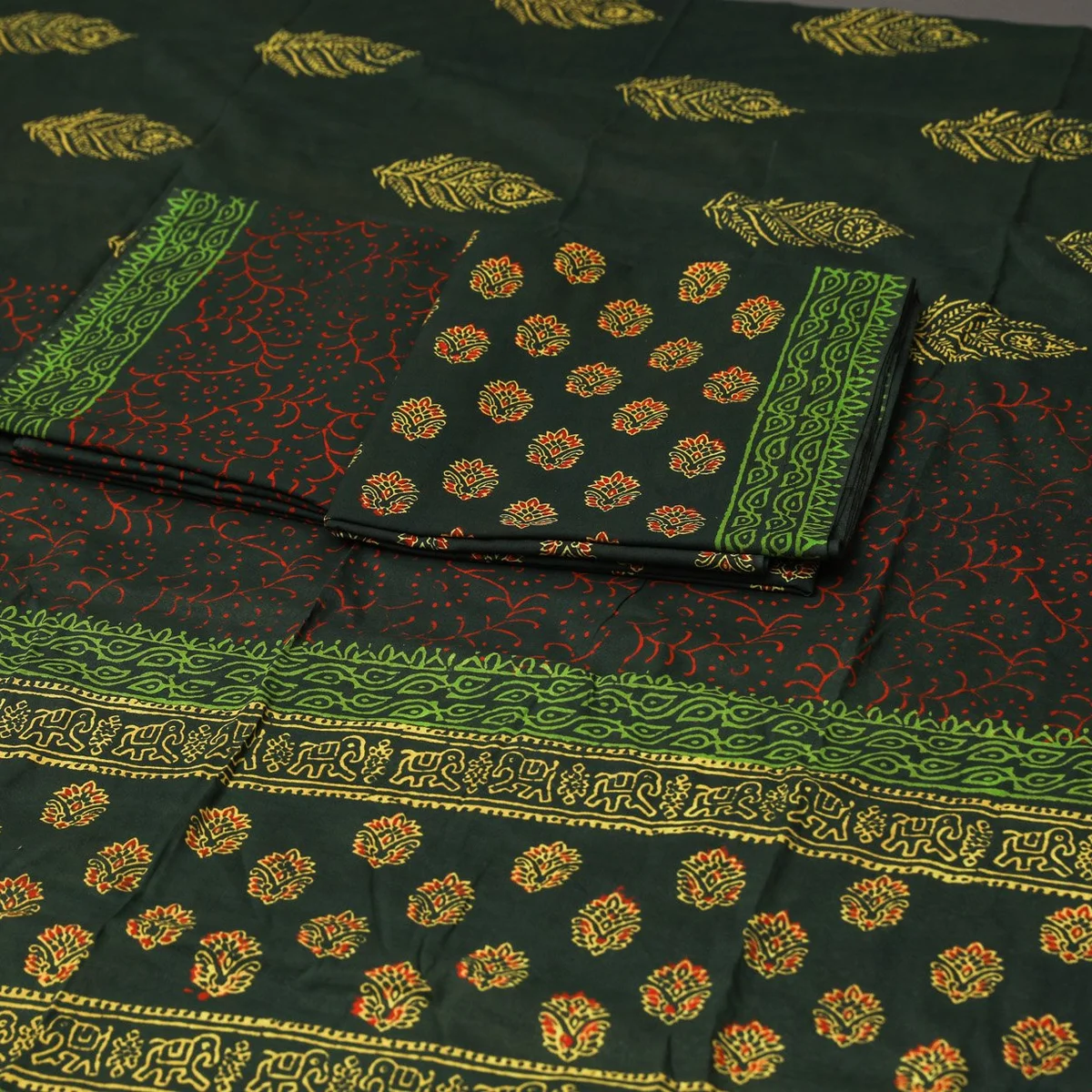 Dark Green Block Butti Printed Cotton Unstitched Salwar Suit - Image 1