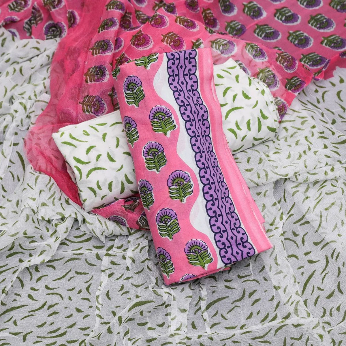 Pink Block Print Cotton Salwar Suit Set Material - Image 1