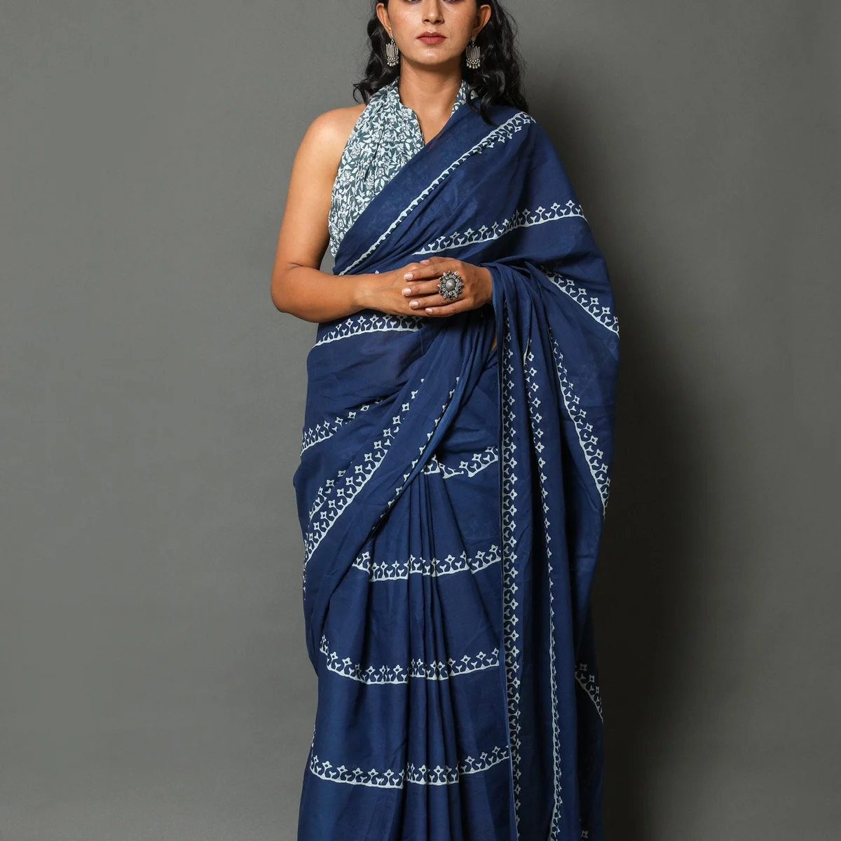 Blue Bel Block Print Cotton Saree with Blouse Piece - Image 1