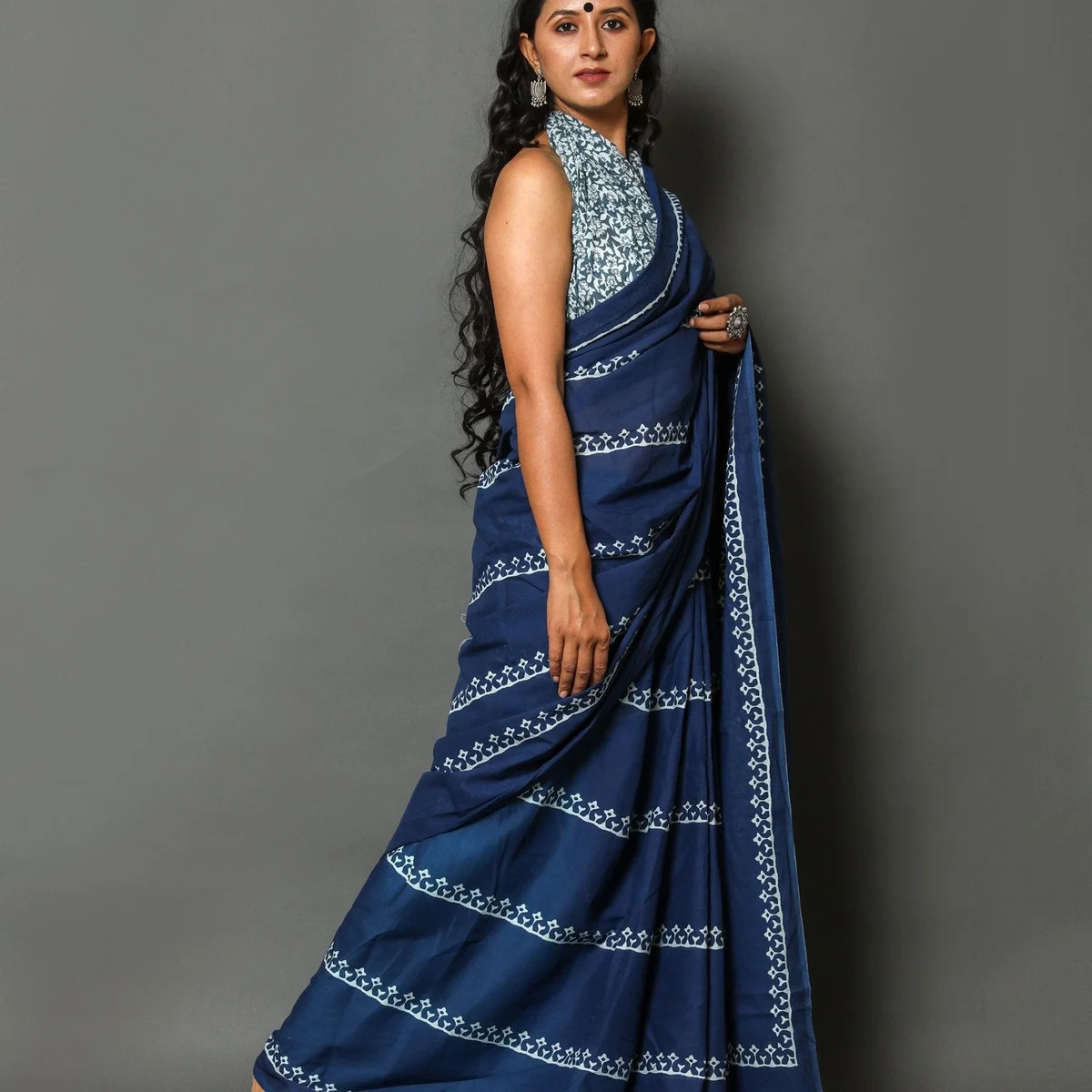 Blue Bel Block Print Cotton Saree with Blouse Piece thumbnail 2