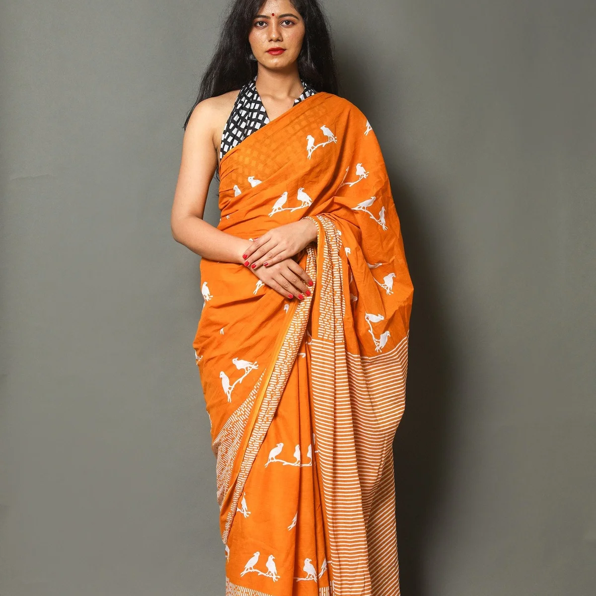 Mustard Chidiya Block Print Cotton Saree with Blouse - Image 1