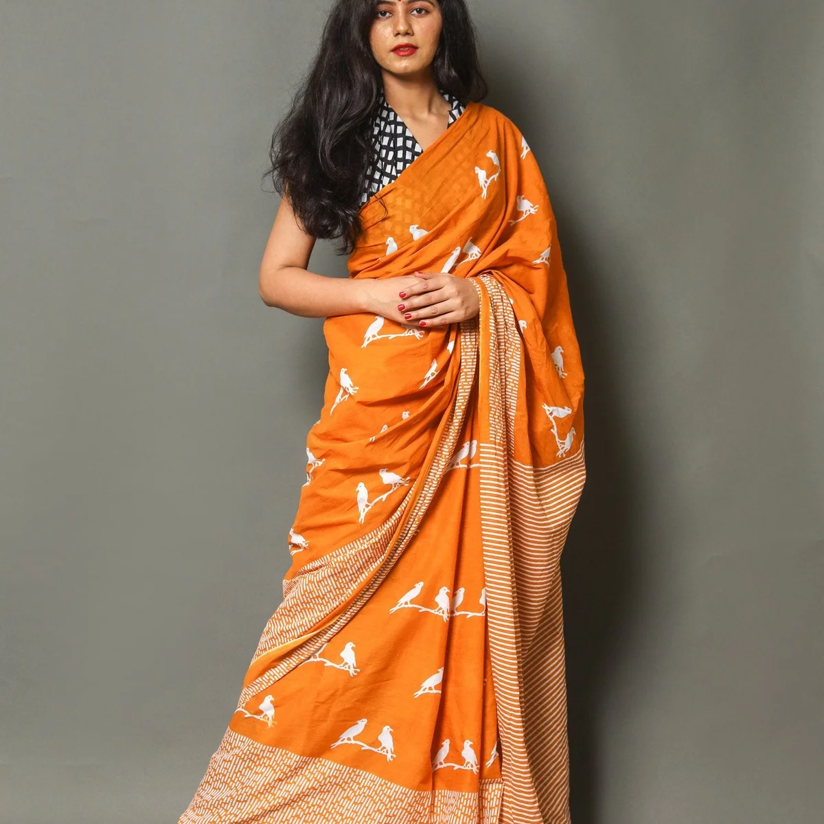 Mustard Chidiya Block Print Cotton Saree with Blouse thumbnail 2
