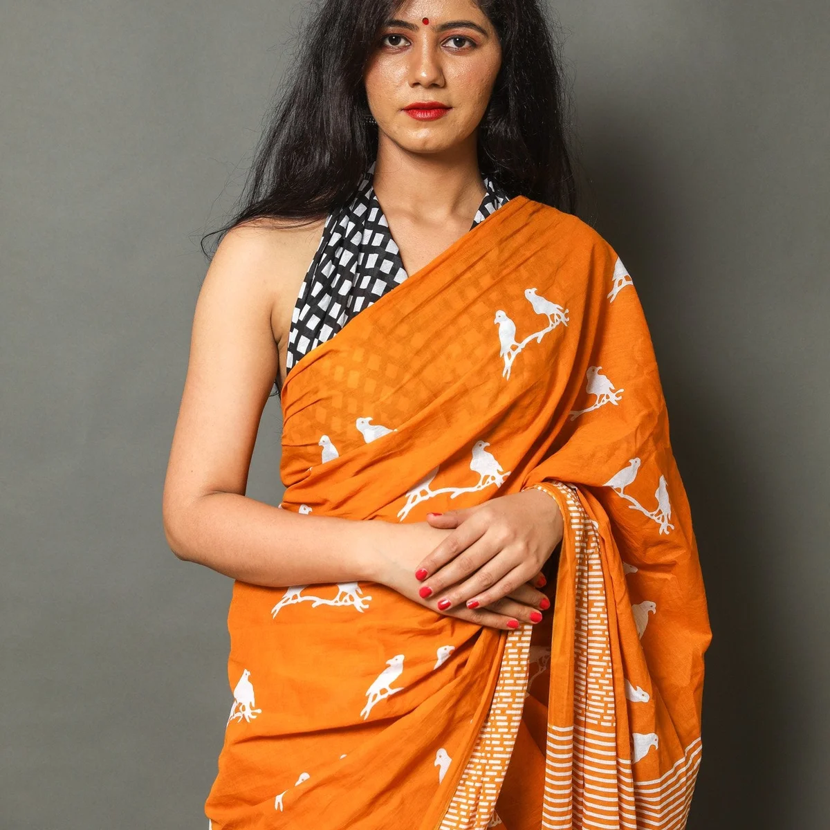 Mustard Chidiya Block Print Cotton Saree with Blouse thumbnail 3