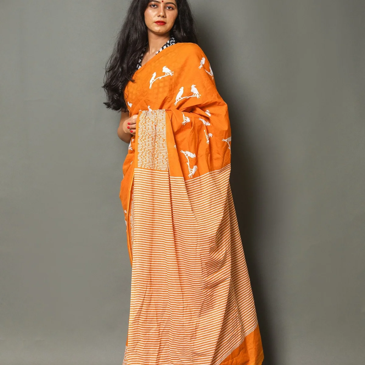 Mustard Chidiya Block Print Cotton Saree with Blouse thumbnail 4