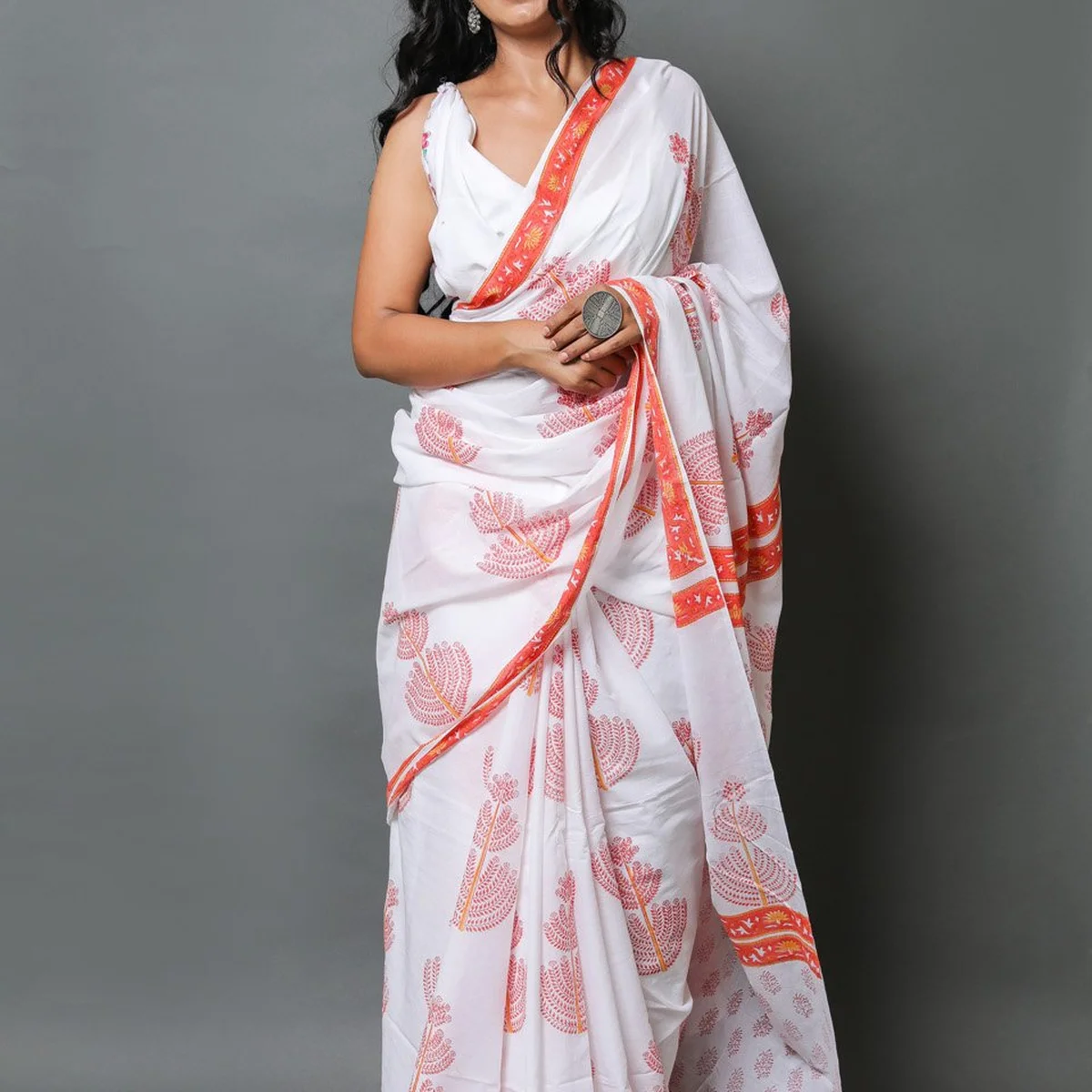 White & Orange Hand Block Butta Mul Cotton Saree with Blouse Piece - Image 1