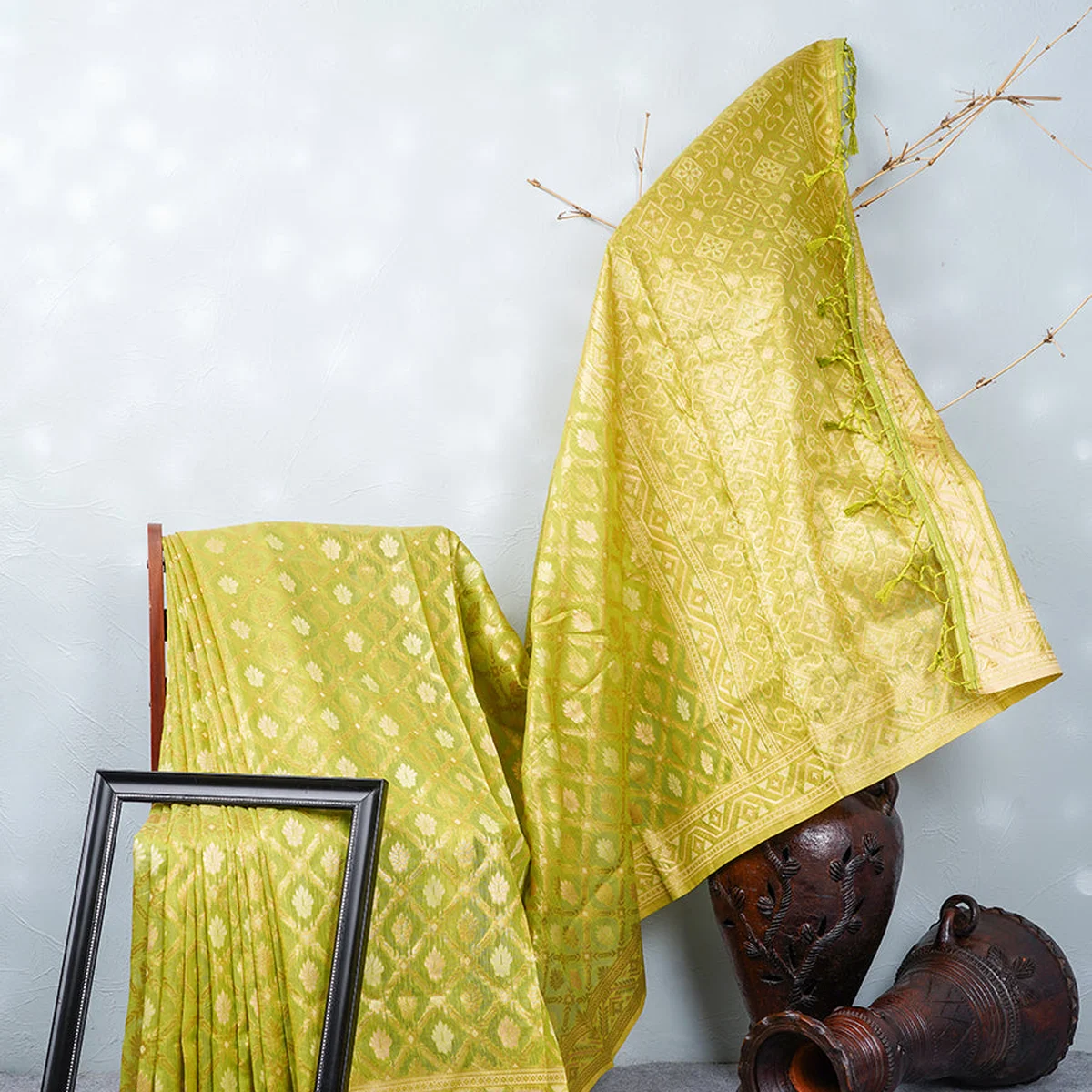Stylish Flower Design Green & Sandal Semi Kora Cotton Saree SK72 - Image 1