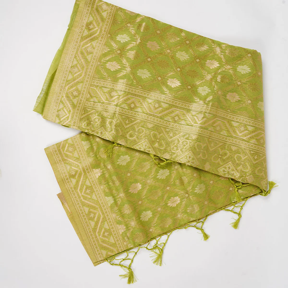 Stylish Flower Design Green & Sandal Semi Kora Cotton Saree SK72 thumbnail 4