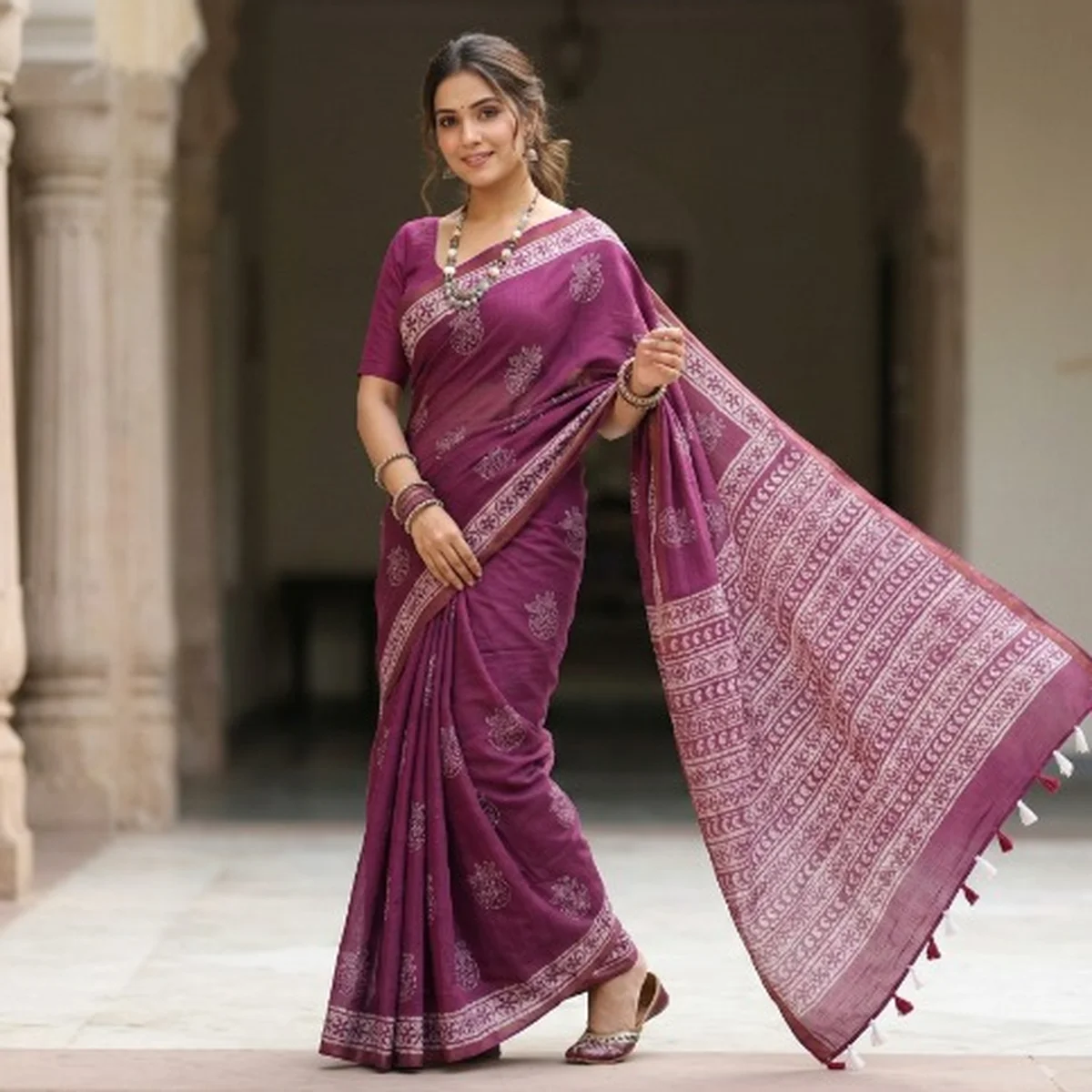 Wine Purple Maheshwari Cotton Saree - Image 1