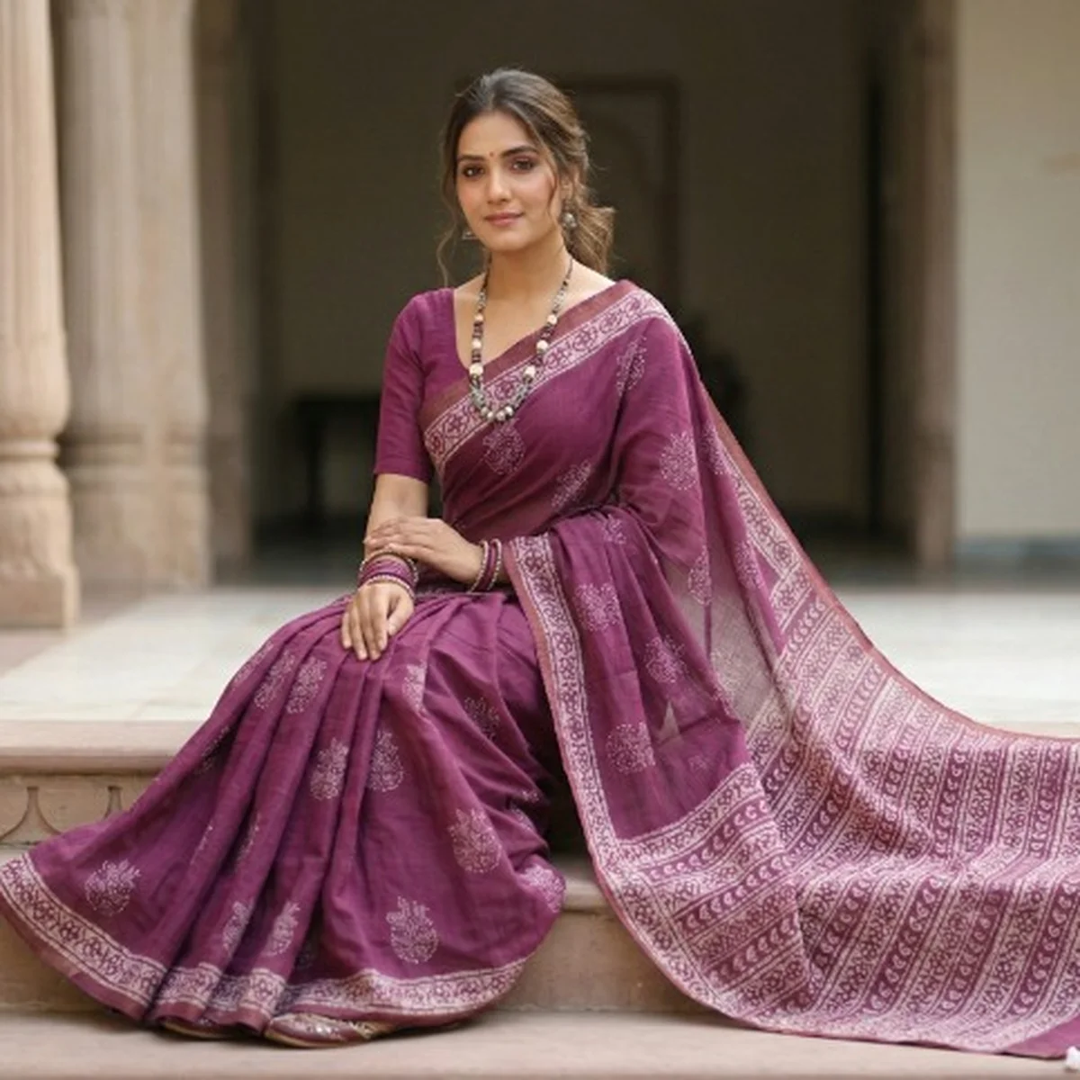 Wine Purple Maheshwari Cotton Saree thumbnail 2