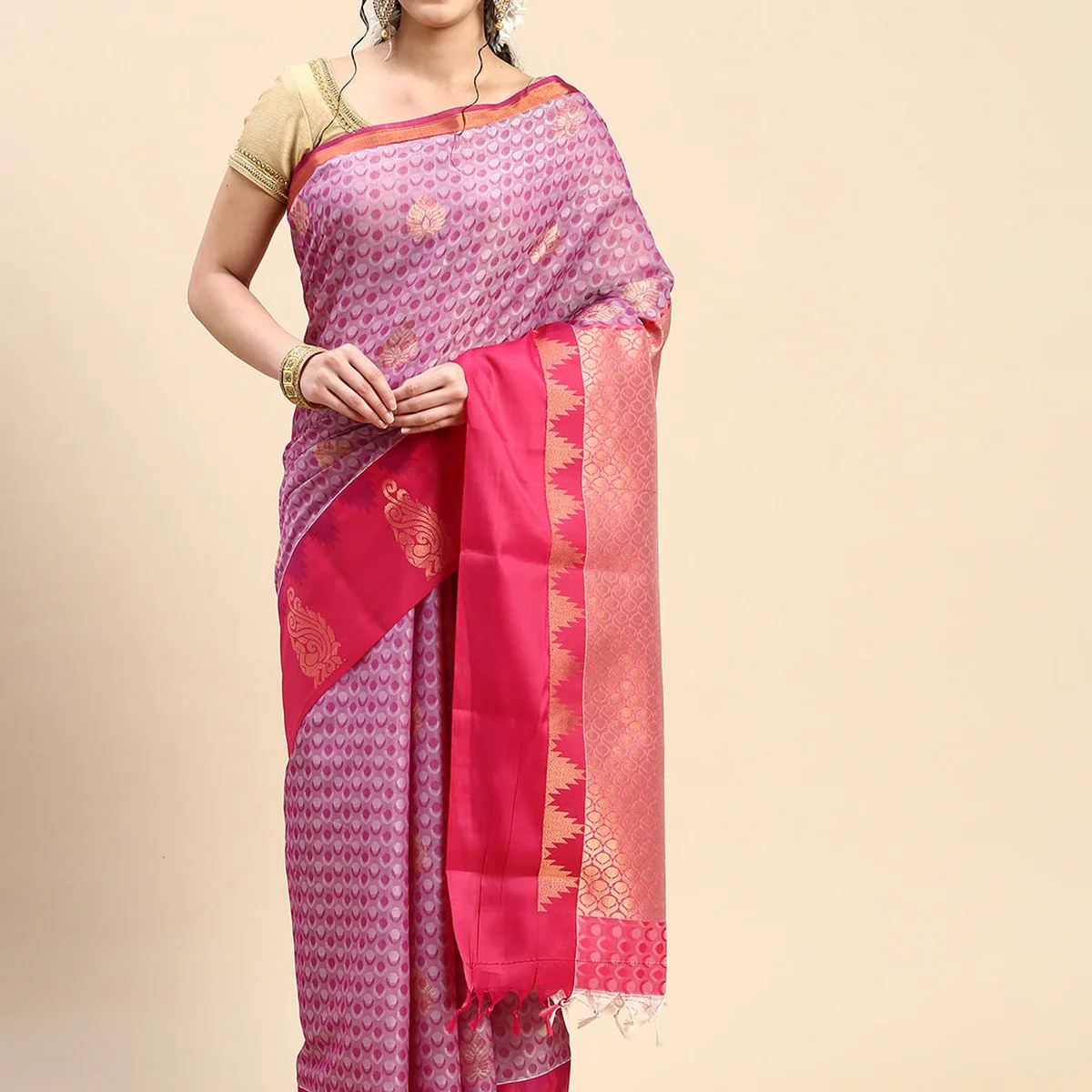 Stylish Navy & Pink Semi Kora Cotton Saree with Contrast Pallu SK82 - Image 1