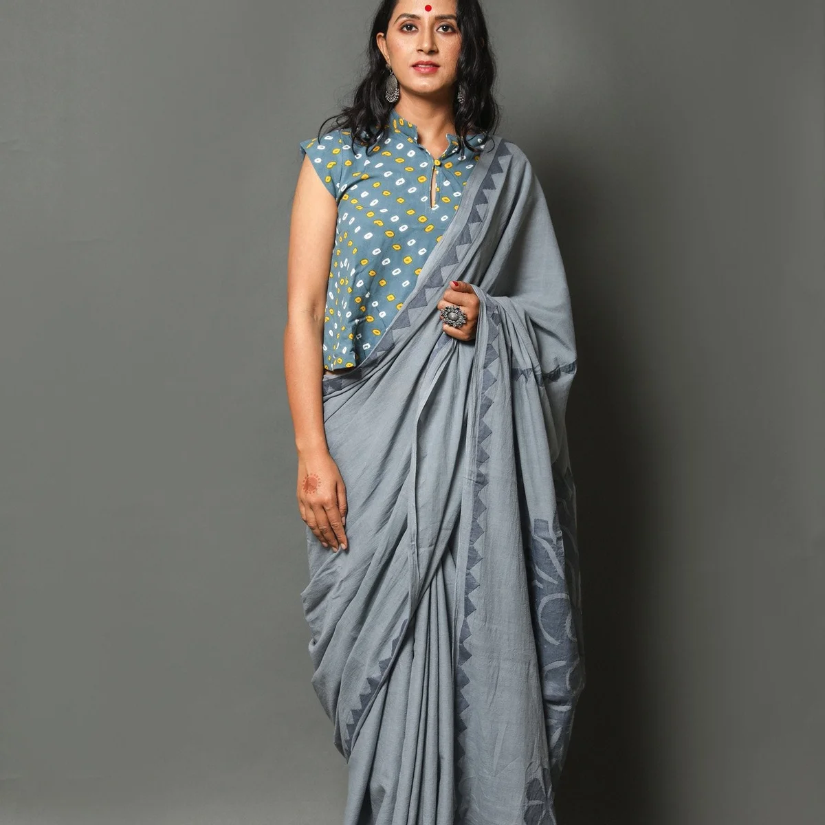 Grey Applique Work Cotton Saree with Unstitched Blouse - Image 1