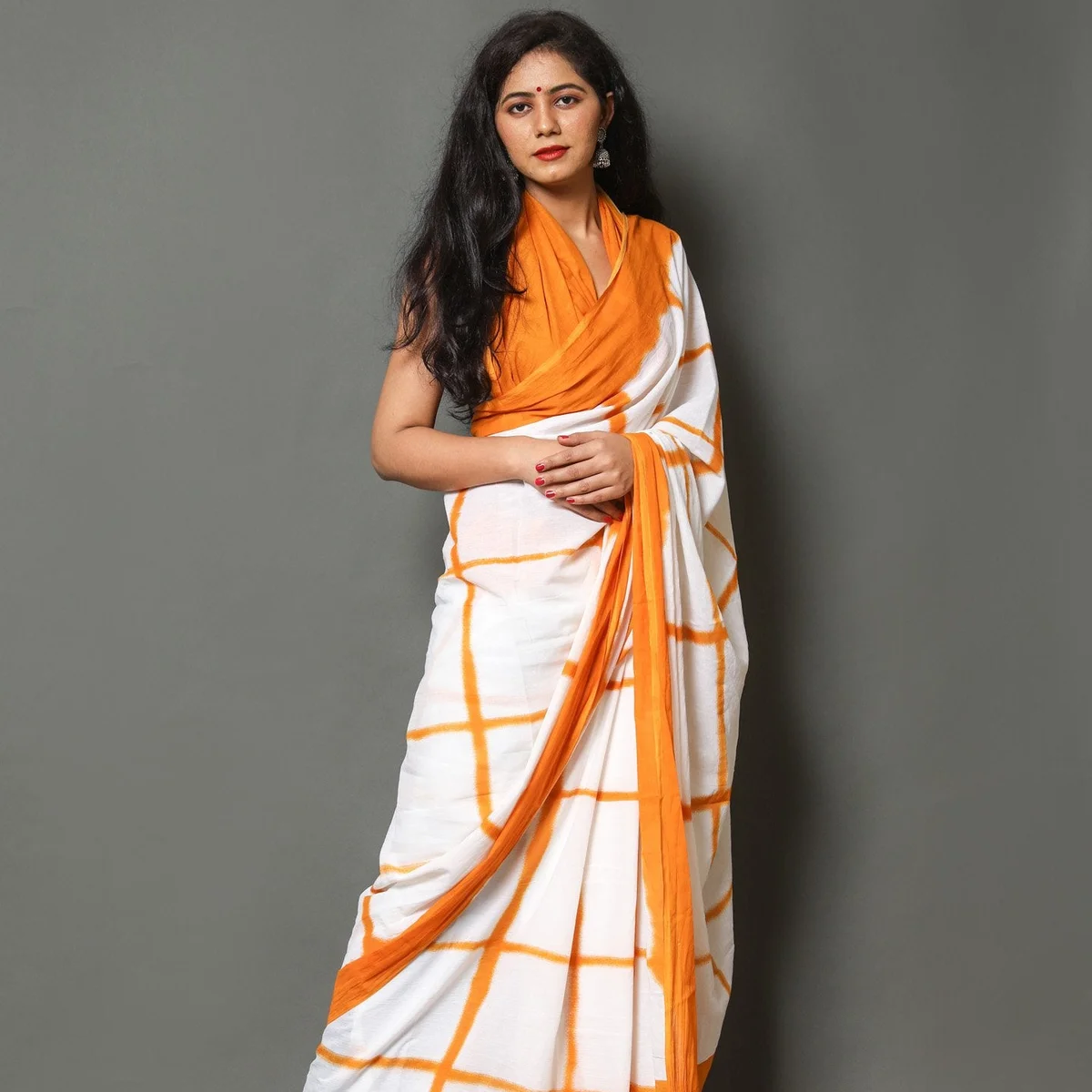Orange & White Checks Block Print Cotton Saree with Blouse - Image 1
