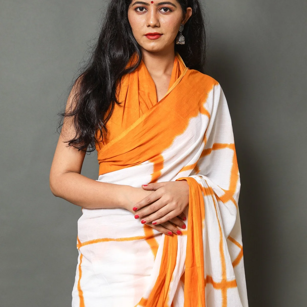 Orange & White Checks Block Print Cotton Saree with Blouse thumbnail 2
