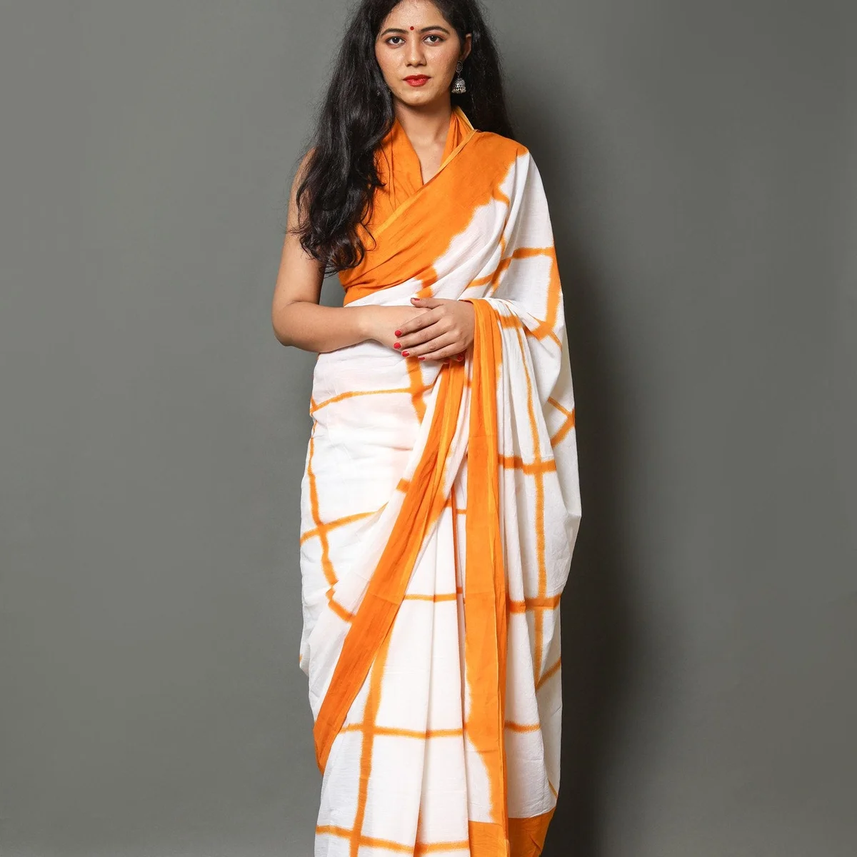 Orange & White Checks Block Print Cotton Saree with Blouse thumbnail 3