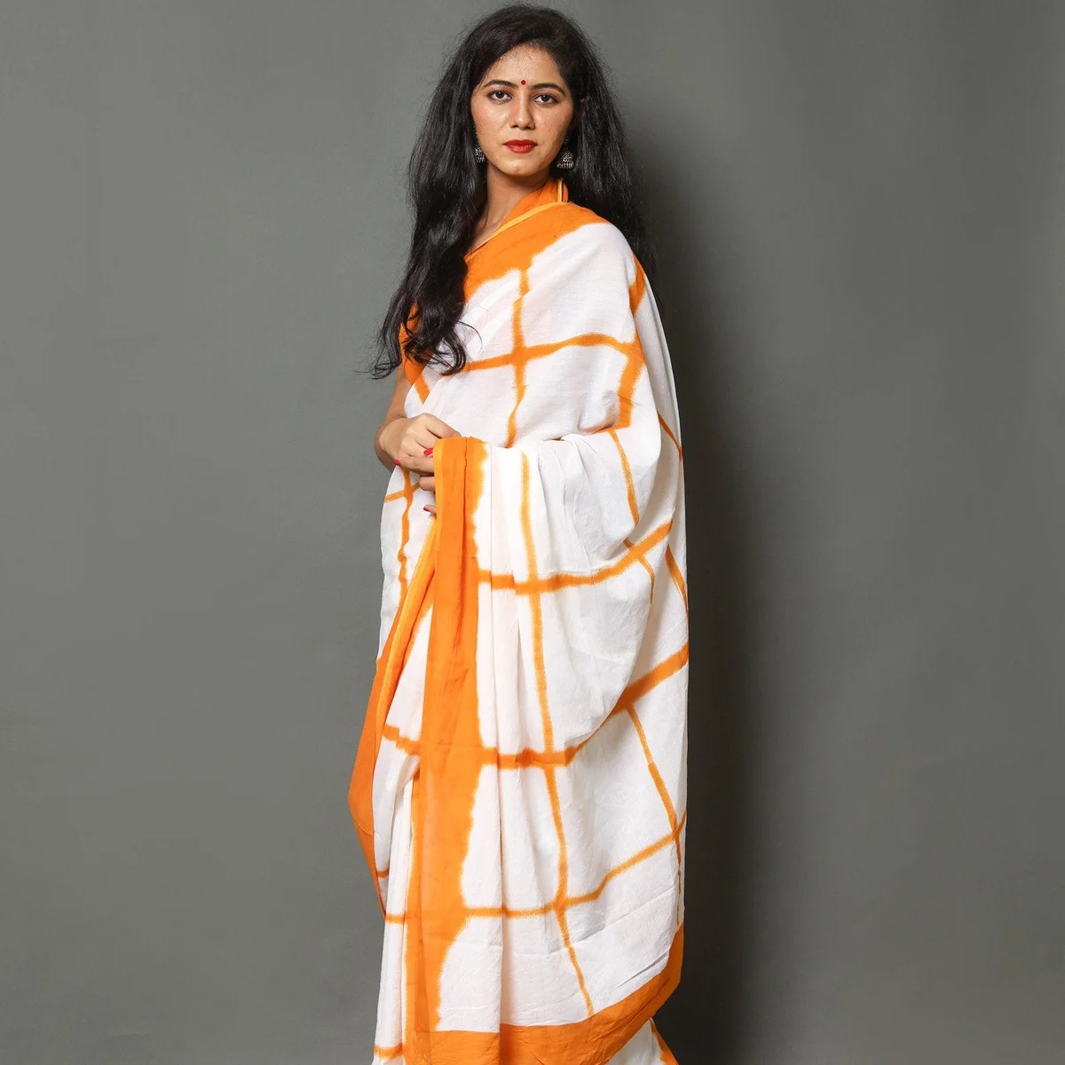 Orange & White Checks Block Print Cotton Saree with Blouse thumbnail 4