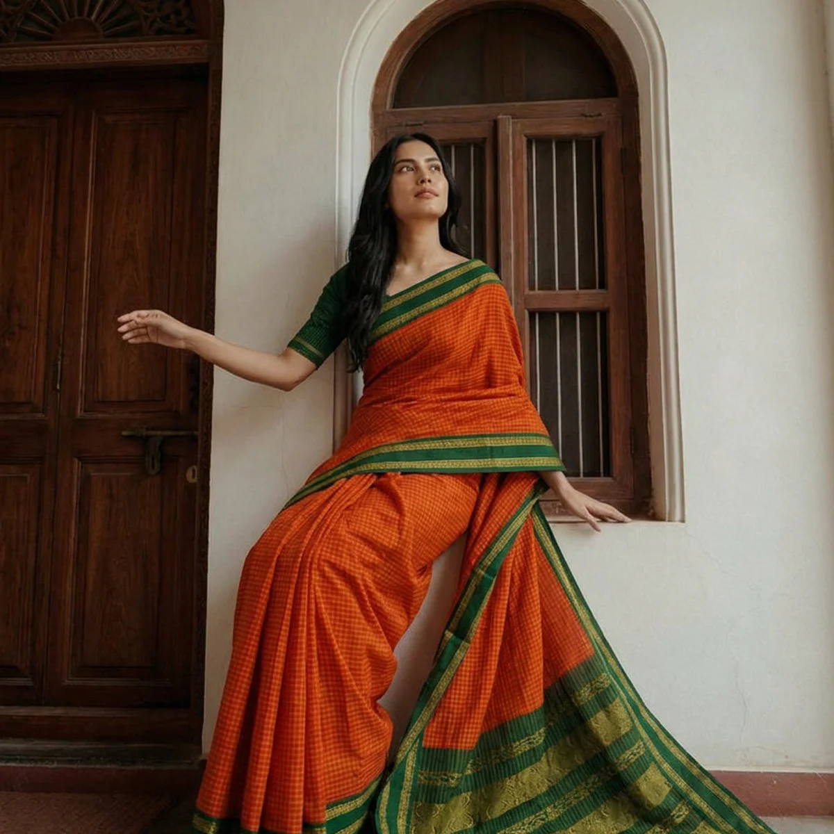 Kalyani Cotton Orange Saree with Green Zari Border – Traditional South Indian Cotton Saree - Image 1