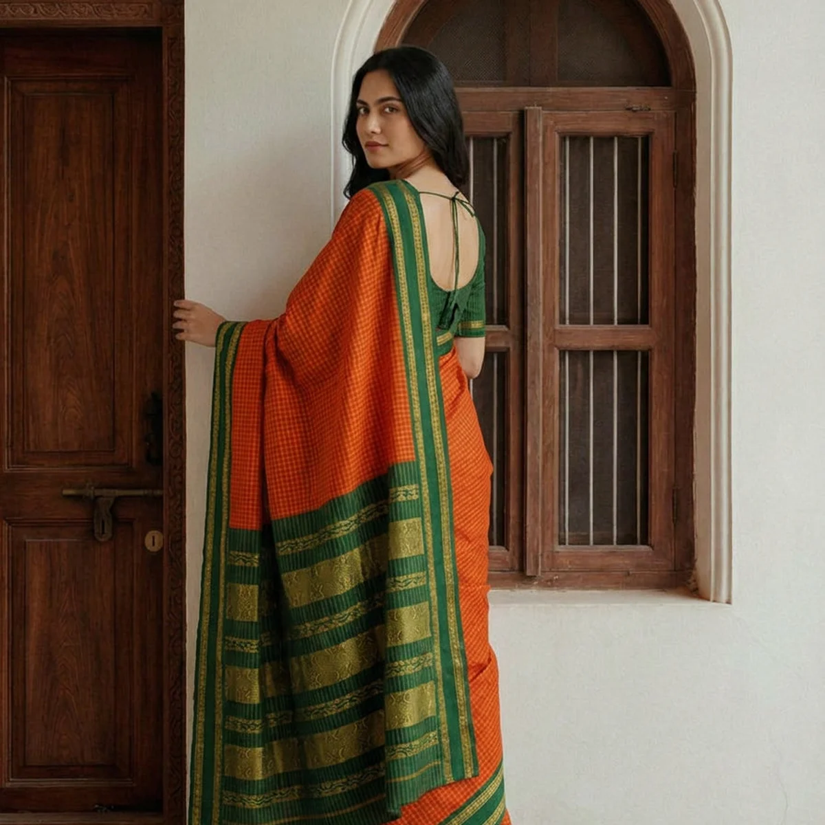 Kalyani Cotton Orange Saree with Green Zari Border – Traditional South Indian Cotton Saree thumbnail 2