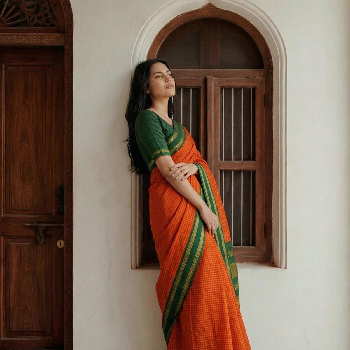 Kalyani Cotton Orange Saree with Green Zari Border – Traditional South Indian Cotton Saree thumbnail 3