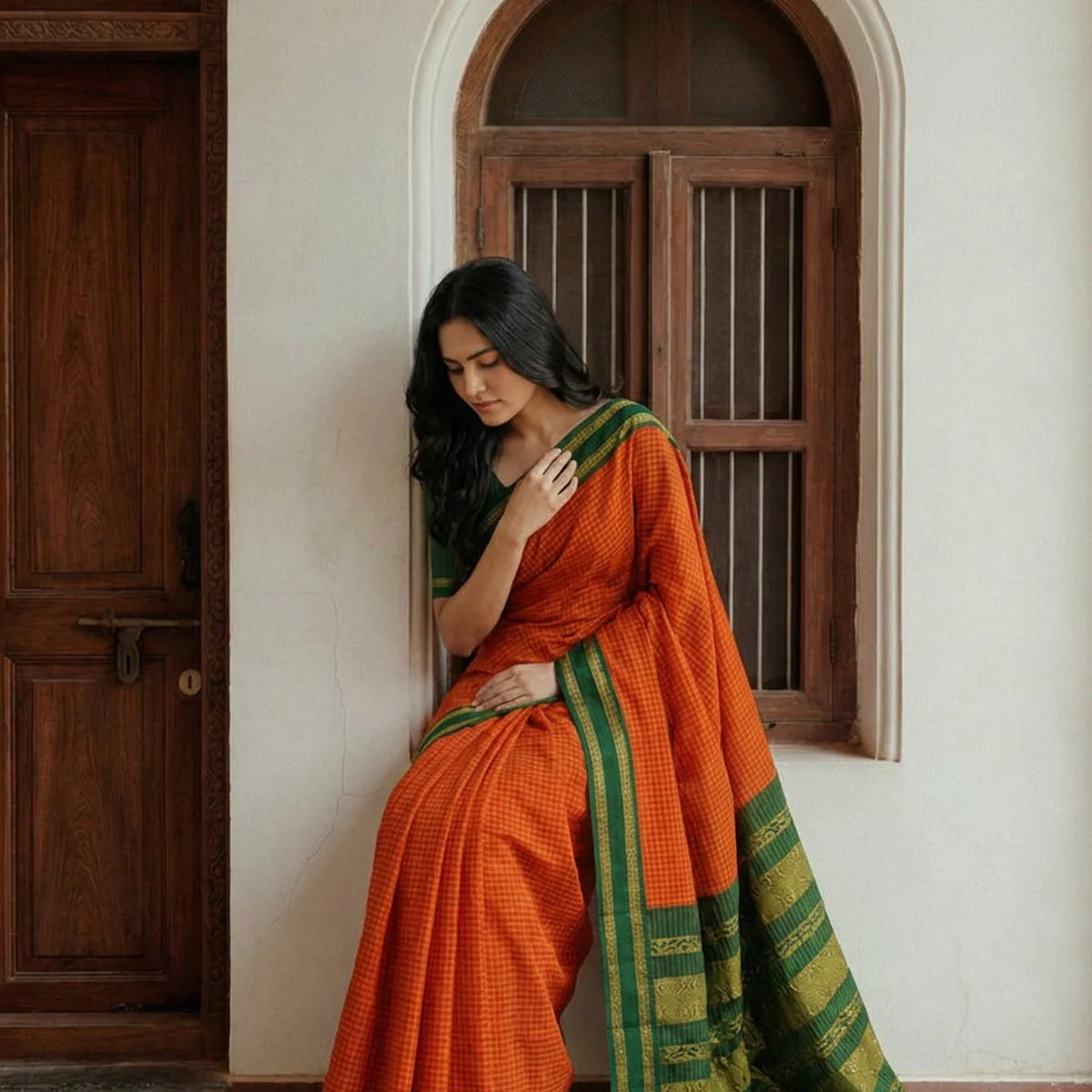 Kalyani Cotton Orange Saree with Green Zari Border – Traditional South Indian Cotton Saree thumbnail 4
