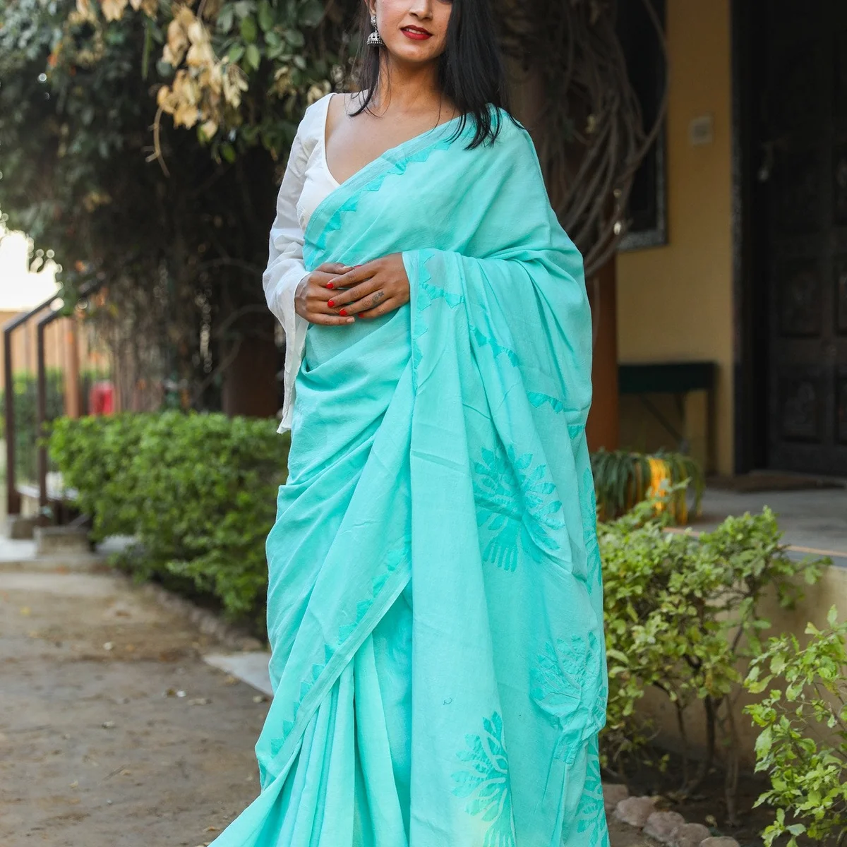 Teal Blue Applique Work Cotton Saree with Unstitched Blouse - Image 1