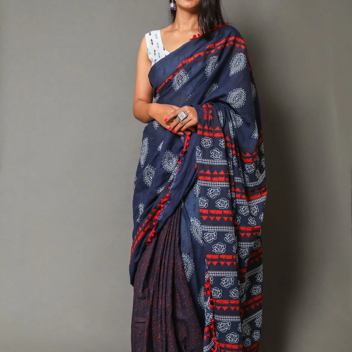 Blue Half-half jaal & Block Print Mul Cotton Saree with Blouse - Image 1
