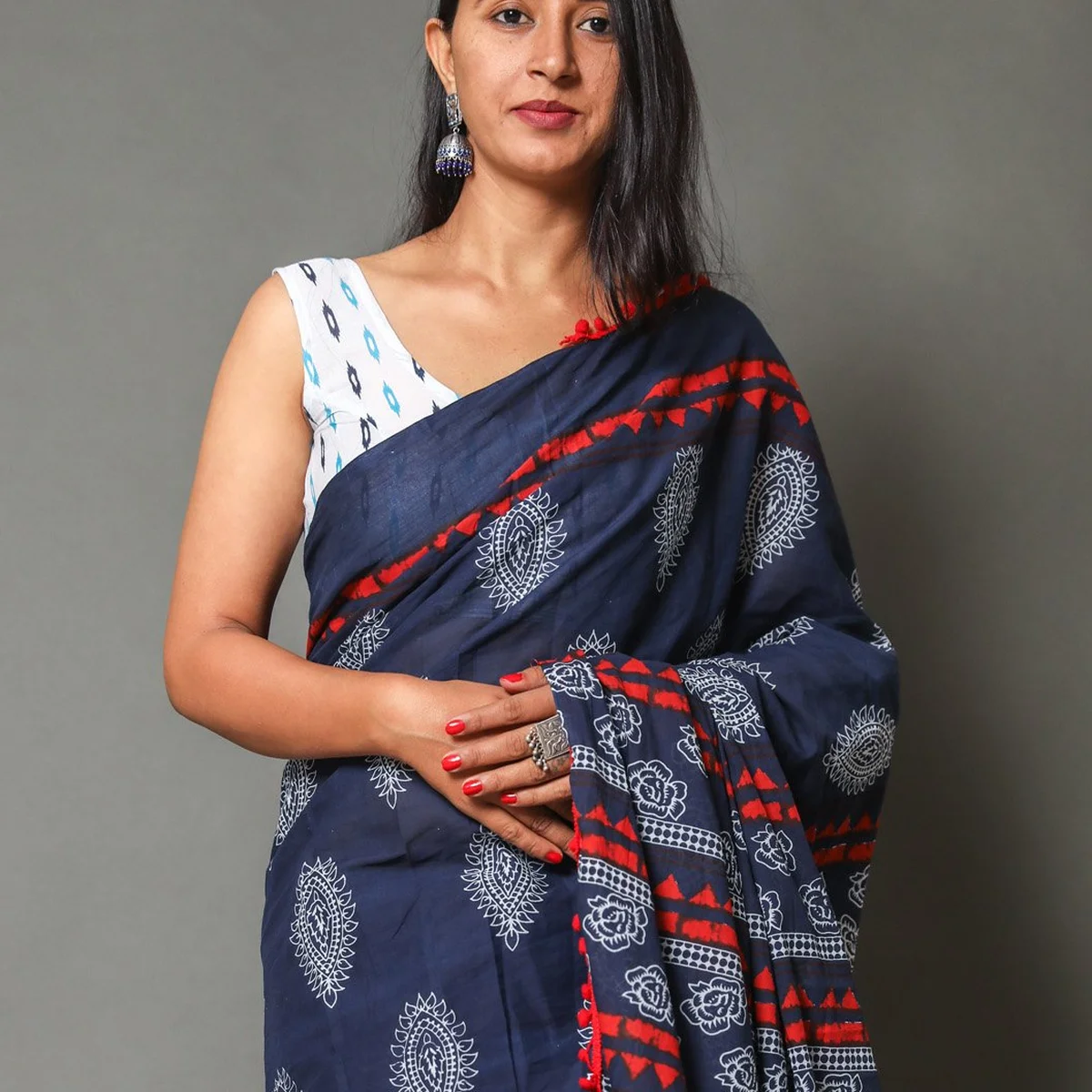 Blue Half-half jaal & Block Print Mul Cotton Saree with Blouse thumbnail 4